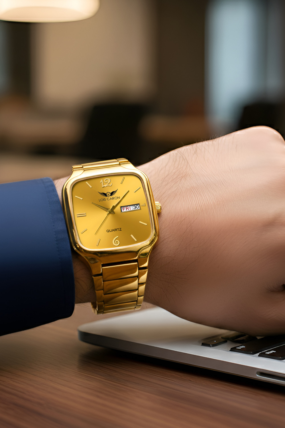 Image of LOIS CARON LCS-8636 Day & Date Classic Elegant Gold Square Dial Quartz Stylish Formal Timepiece Analog Watch - For Men
