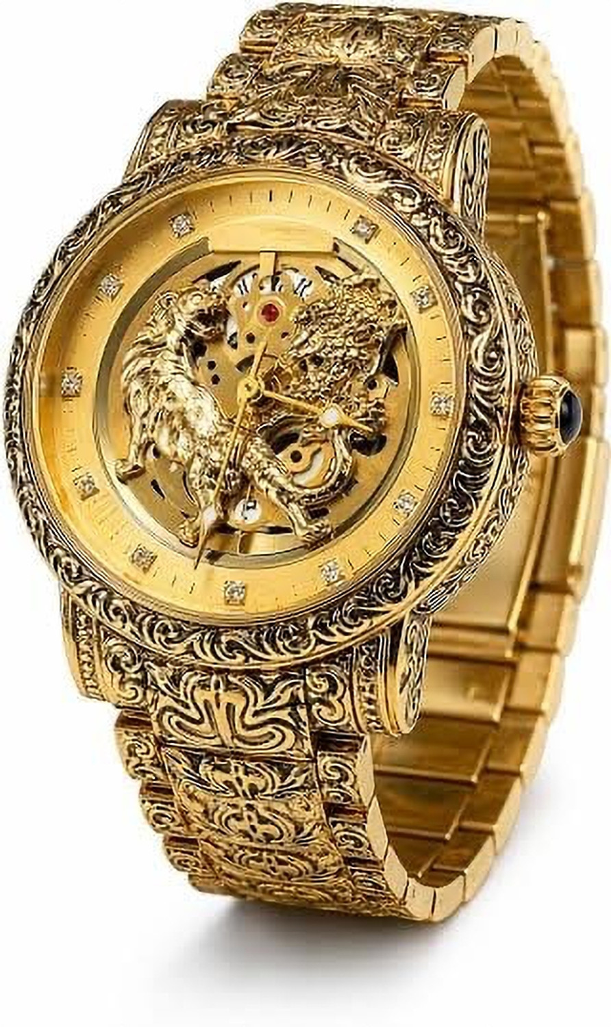 Image of FOREST LUXURY LION CURVED GOLDEN DIAL AND CHAIN MEN WRIST WATCH ANALOG WATCH Analog Watch - For Men EMR-65