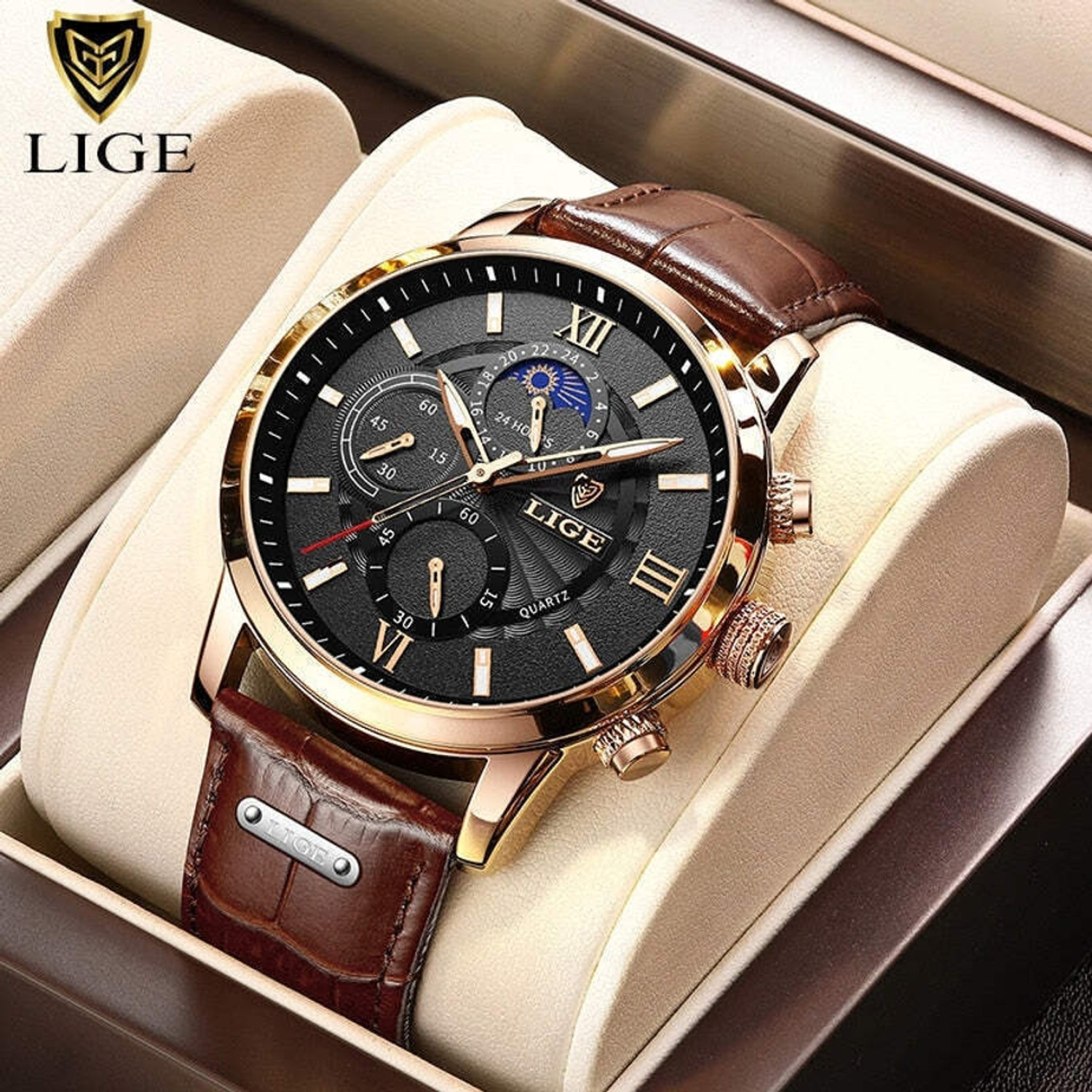 Image of Lige Mens Watch Analog Chronograph Luxury Rose Gold Wrist Watch For Men Analog Watch - For Men