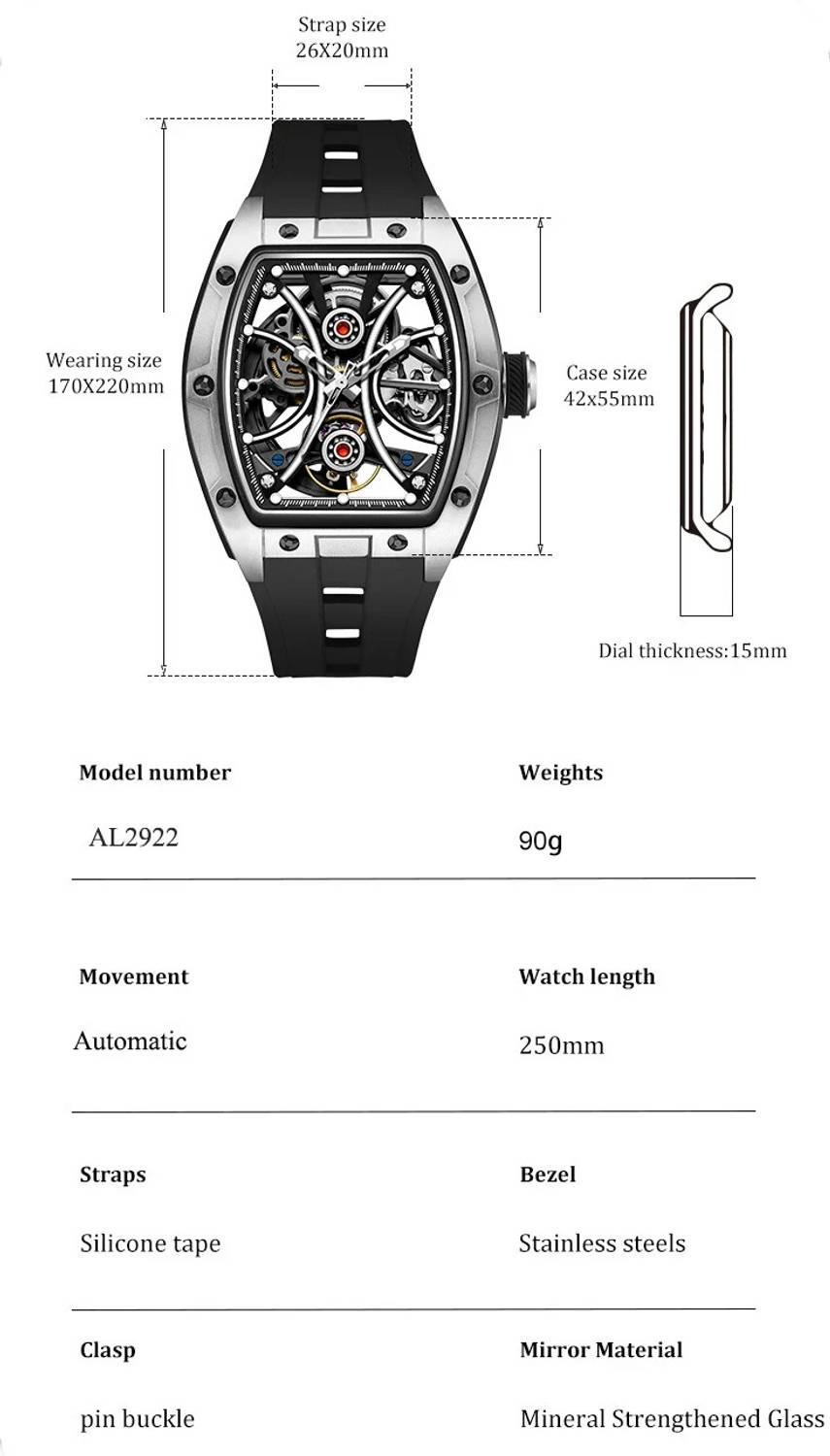 Alix AL2922 Tourbillon Silver Skeleton Dial Silicon Strap Watch - Image 3