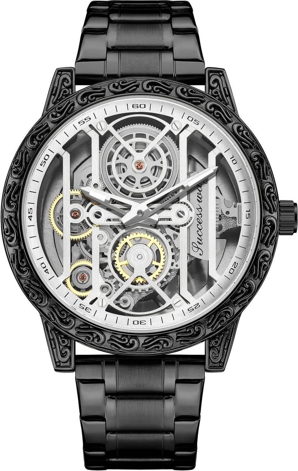 LeatherASM Men's Black Metal Bracelet Skeleton Watch - Image 1