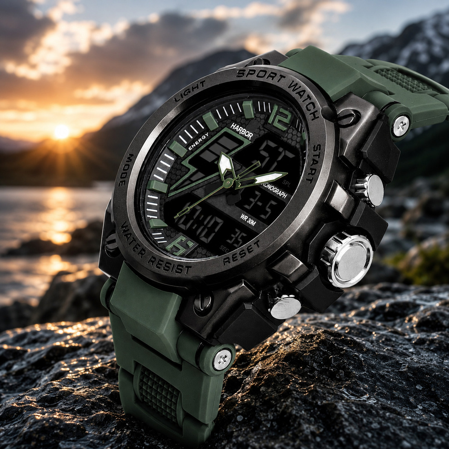Image of Harbor Outlander 5210 Green Outlander Green PU Strap Water Resistant Multi Functional Sports Watch Analog-Digital Watch - For Men