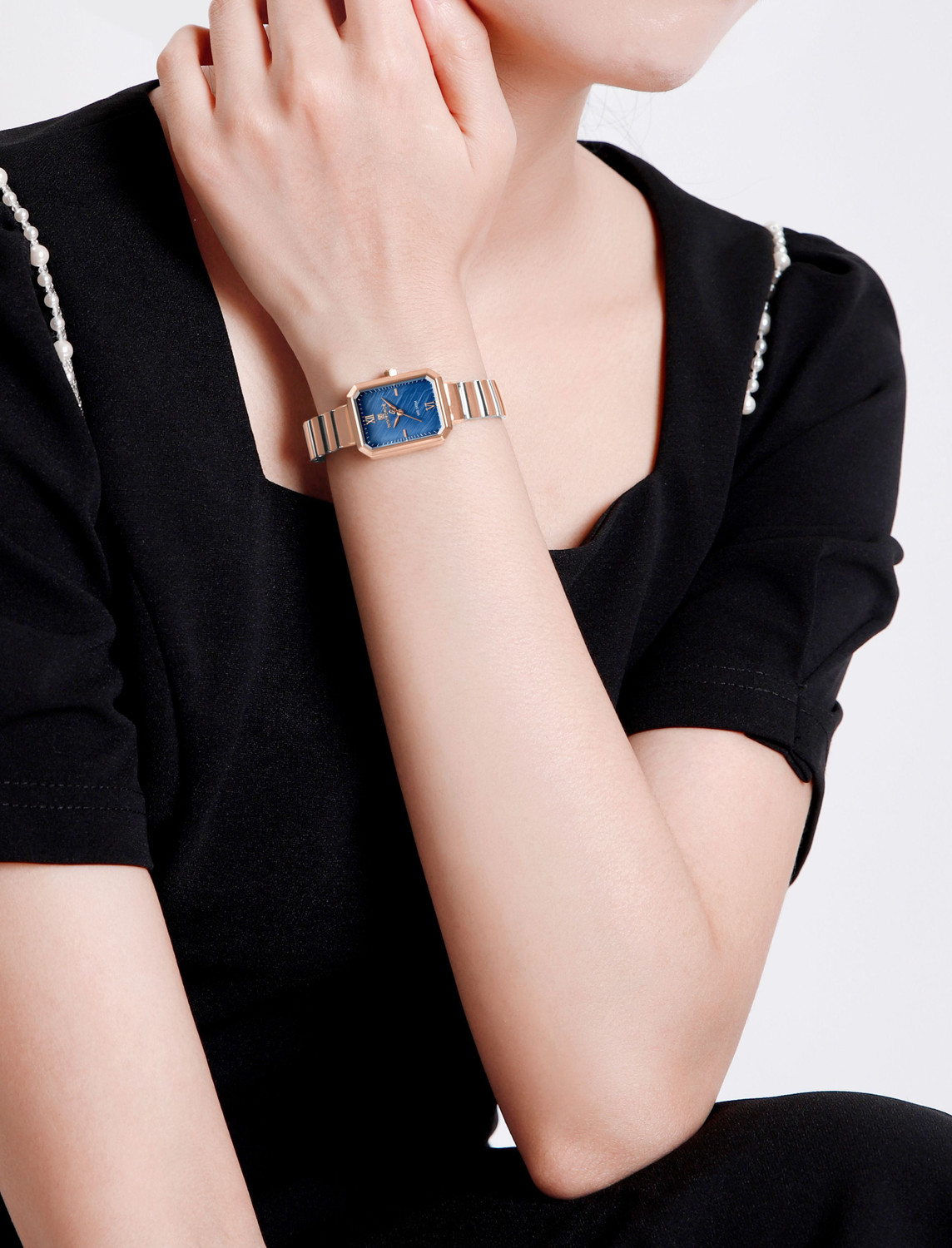 Image of NAVIFORCE NF5050 Blue Marble Texture Rectangle Dial With Silver-Rosegold Stainless Steel Strap Analog Watch - For Women
