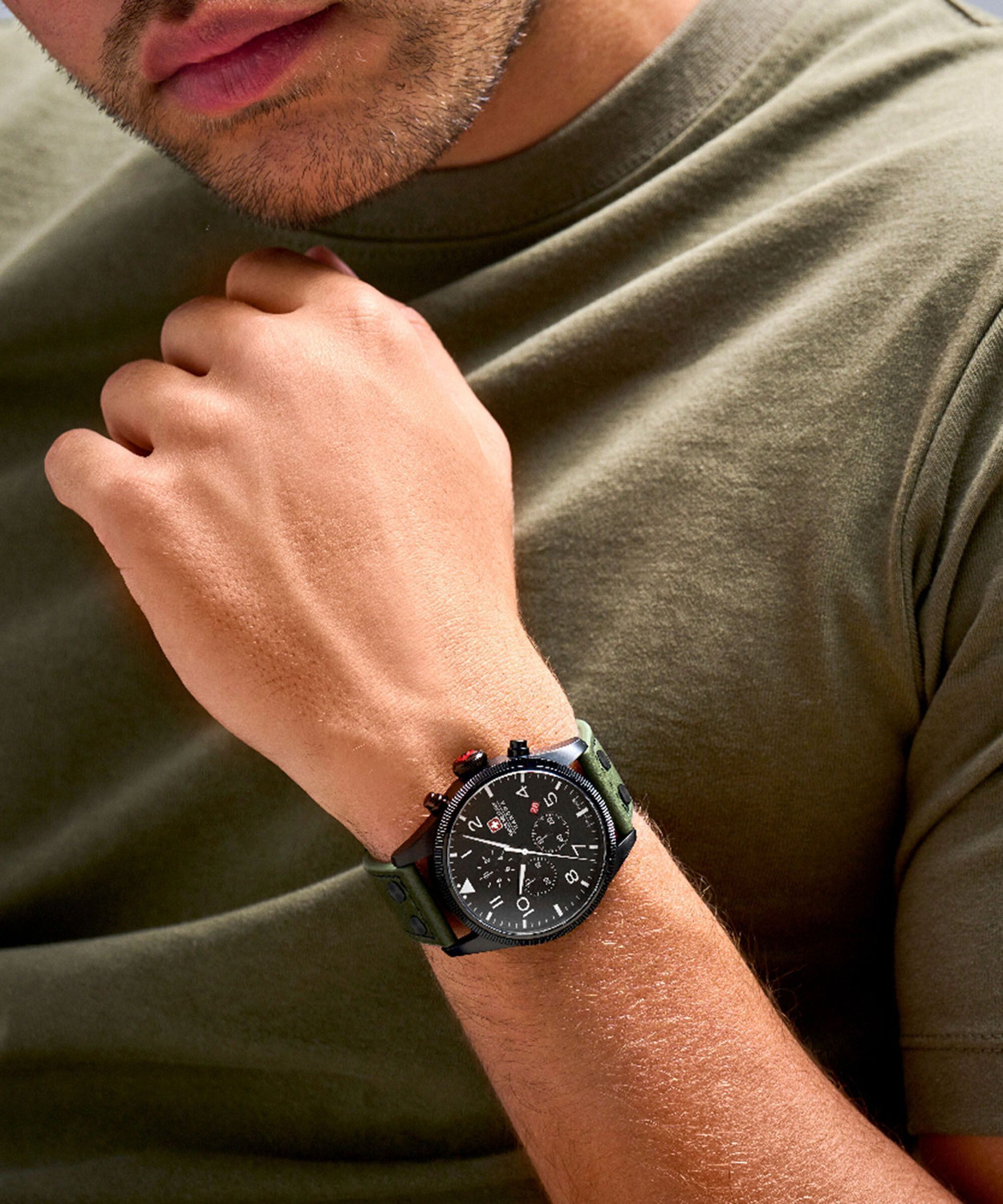 Image of Swiss Military Hanowa THUNDERBOLT CHRONO | Swiss Made Men's Chronograph Green Watch | Dated Black Sunray Dial Analog Watch - For Men