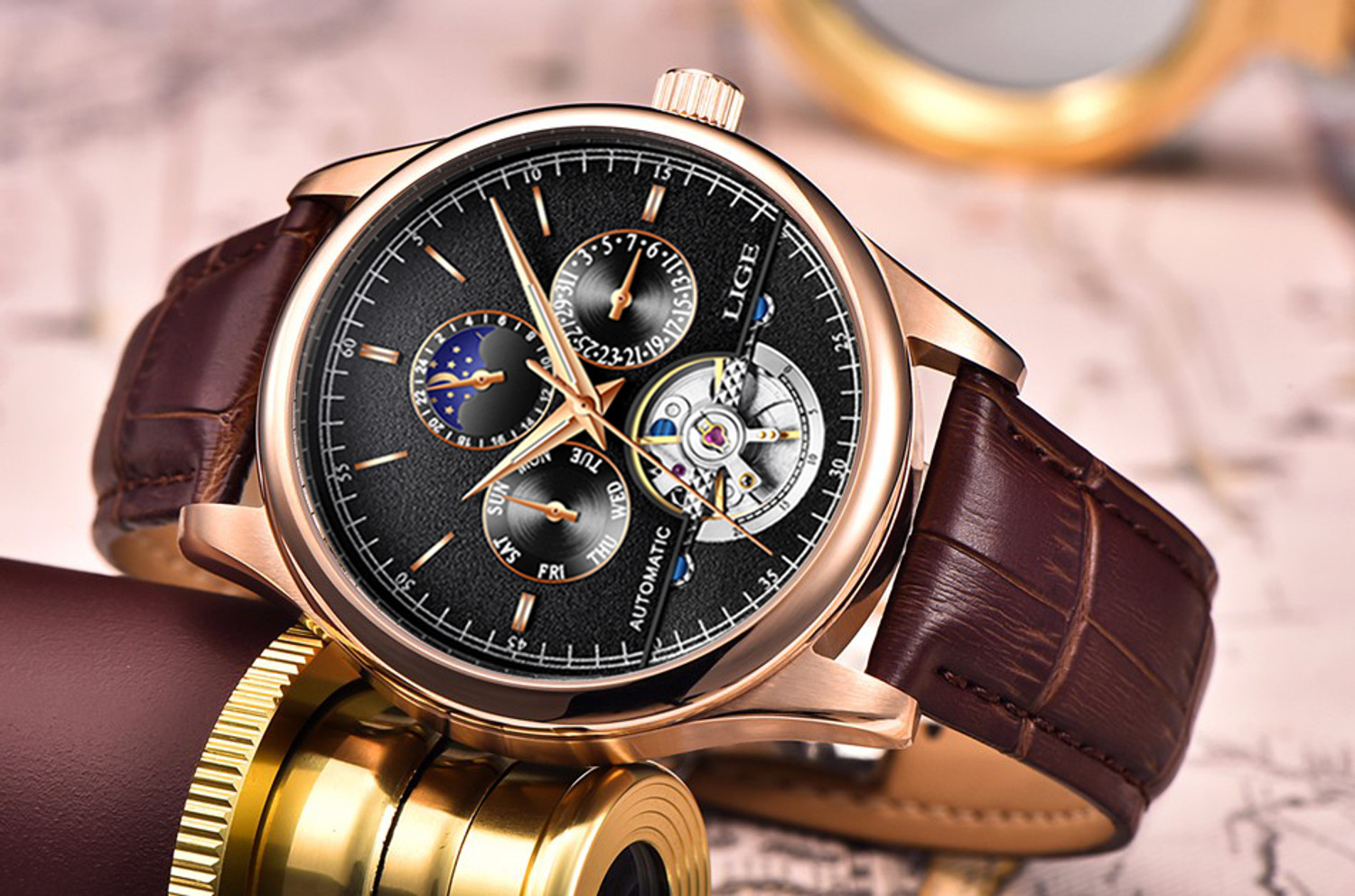 Image of Lige Mens Watch Automatic Chronograph Mechanical Skeleton Luxury wrist Watch Analog Watch - For Men