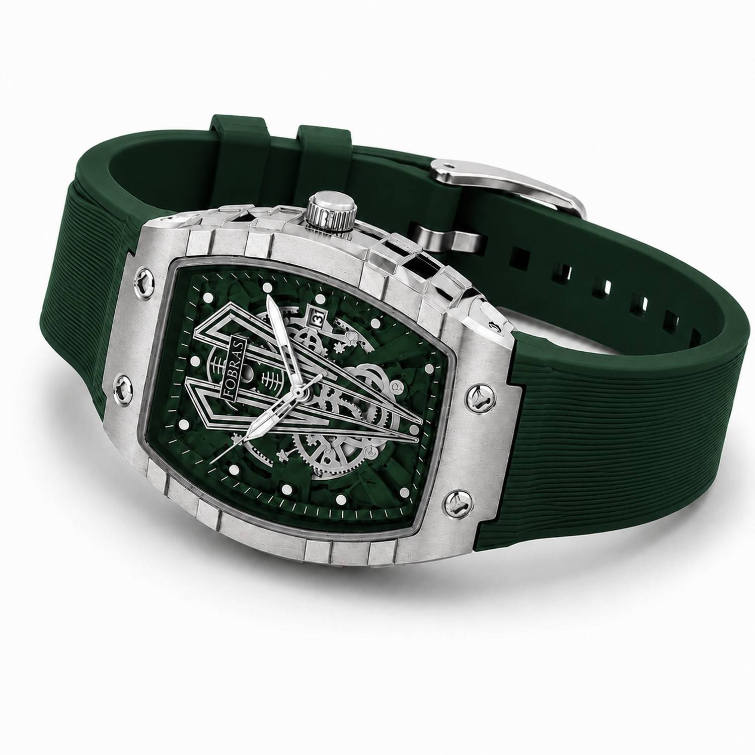 K&K Premium Skeleton Silver Tonneau Watch for Men - Image 4