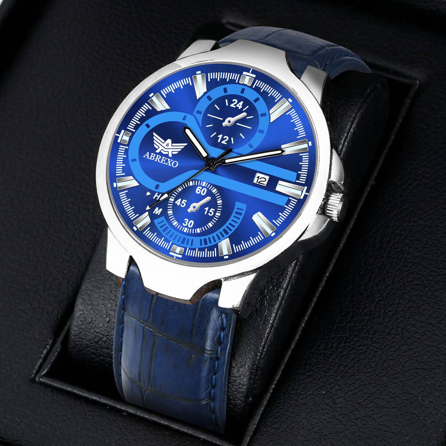 ABREXO Abx4030-SL Blue Dial Blue Leather Strap Chronograph Look Blue Dial Date Working Blue Leather Strap Watch For Boys Analog Watch - For Men