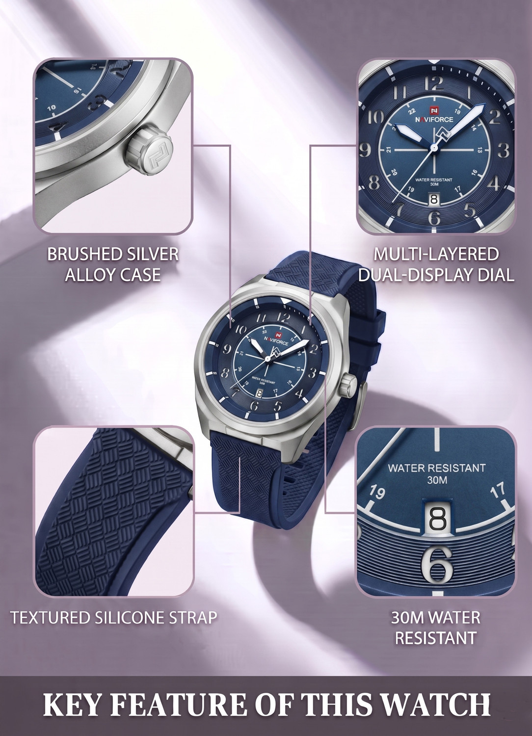 Image of NAVIFORCE NF9281T Silver Case With Blue Silicon strap Analog Watch - For Men
