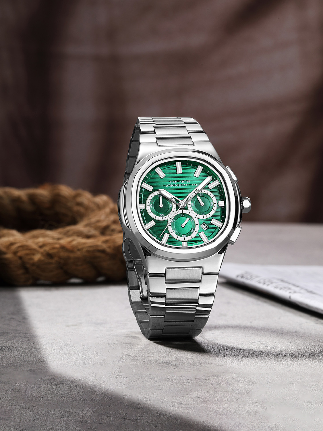 Image of French Connection Green Sunray Octagonal Dial | Silver Stainless Steel Chronograph Watch for Men Analog Watch - For Men