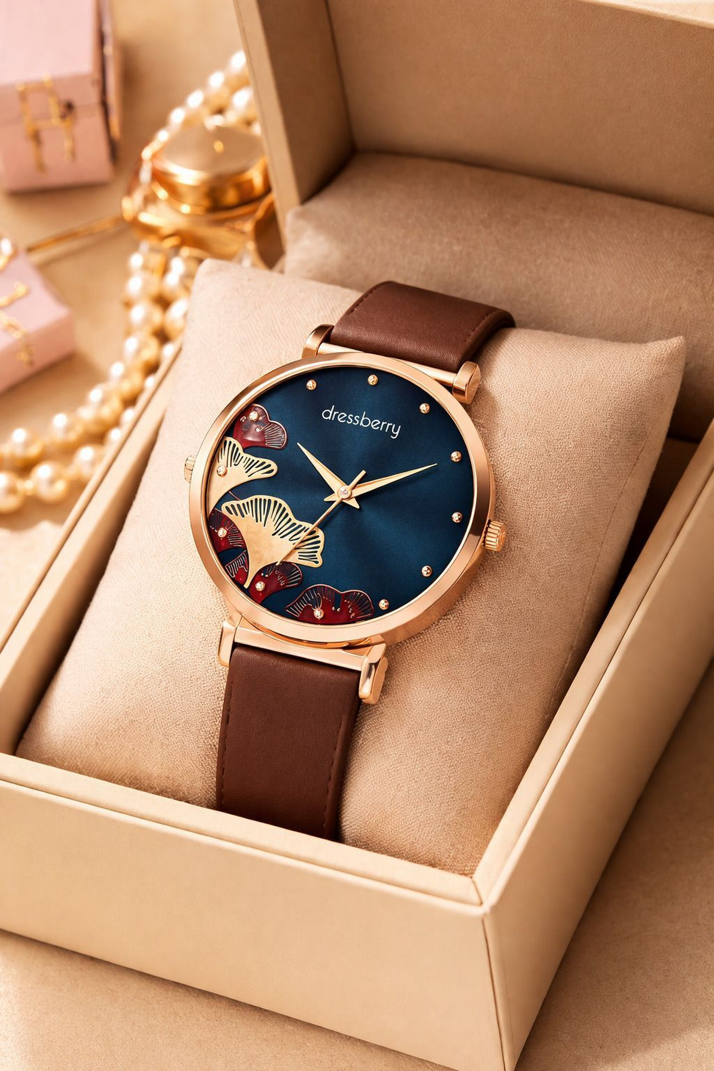 Image of Dressberry Elegant Rose Gold Women's Watch with Artistic Blue Dial & Brown Silicone Strap ✨ Analog Watch - For Women DB-LR028-BLU-RG