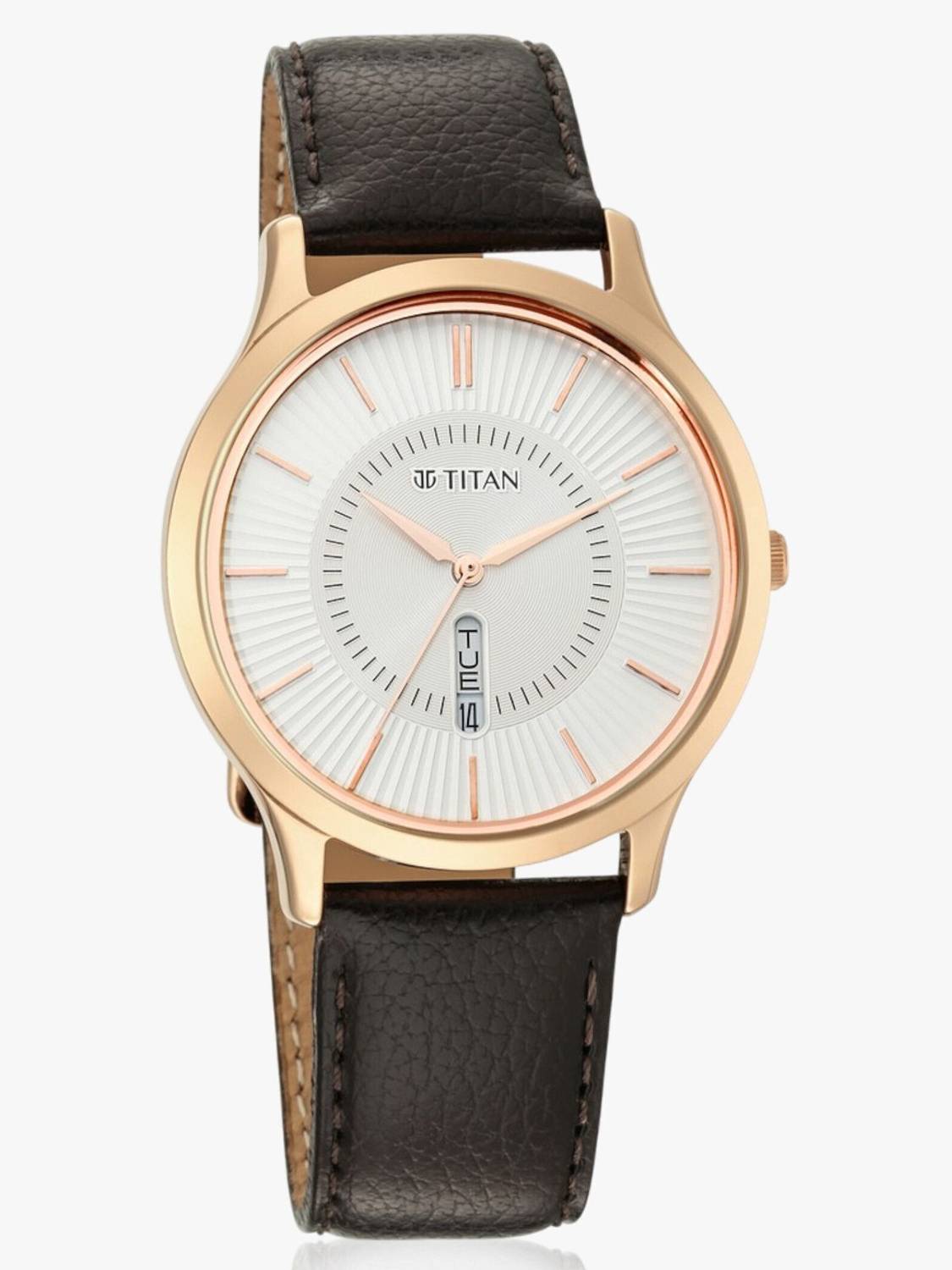 Titan Lagan Day & Date White Dial Brown Leather Strap Watch - Image 5