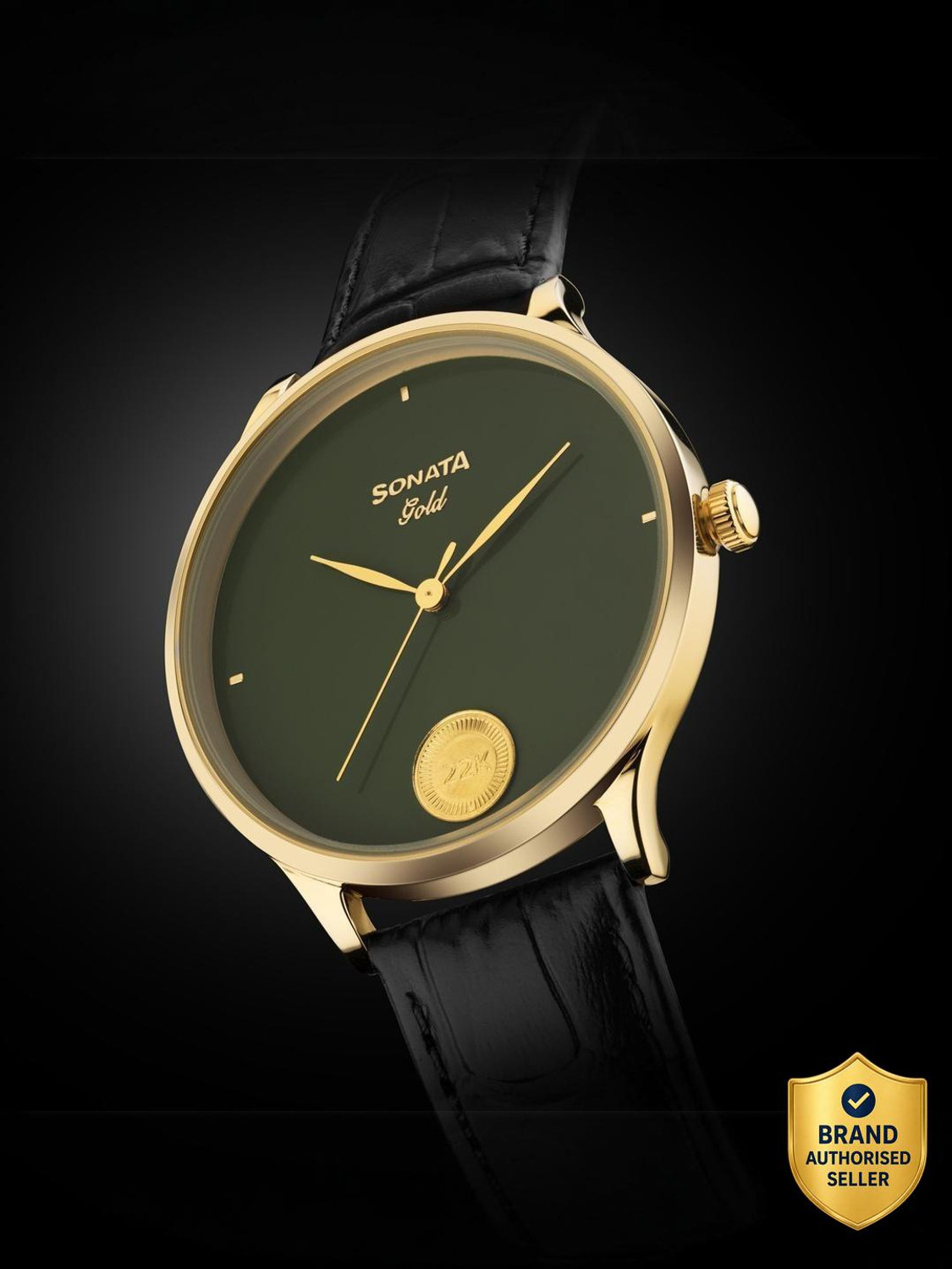 Image of SONATA Sonata - Gold AT 2026 Sonata Gold Sacred Forest GreenDial With 22 Karat Gold Coin on Dial Analog Watch - For Men