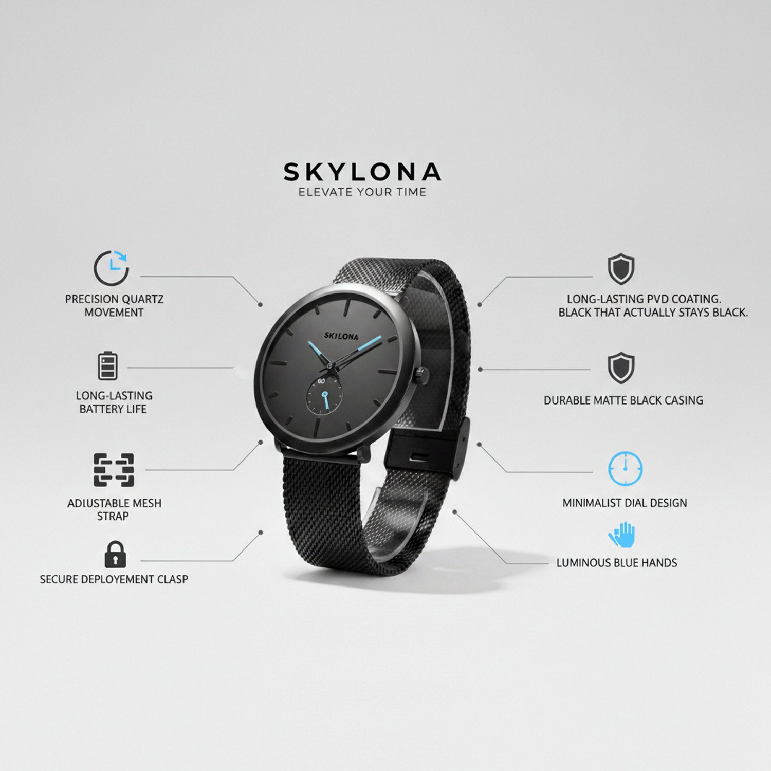 Image of SkyLona Stylish Black Dial, Black Strap, Quartz Watch for Boys & Men Analog Watch - For Men