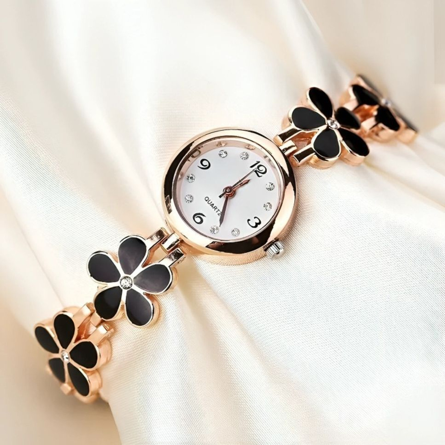 Image of RareEagle RE-FLR-BKL-01 RareEagle Blossom Beauty Series Floral Bracelet Black Girls Analog Watch Analog Watch - For Girls