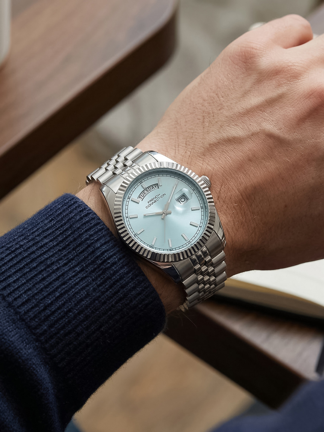 Image of French Connection Light Blue Day and Date Modern Dial | Silver Stainless Steel Watch for Men Analog Watch - For Men