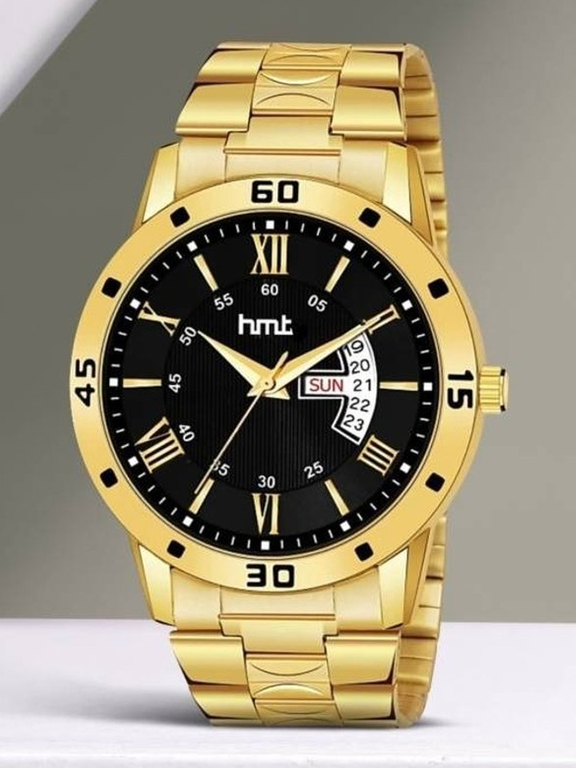 Image of HMT DLX GP Black Roman Golden Black Roman Dail GP With Day & Date Feature Analog Watch - For Men