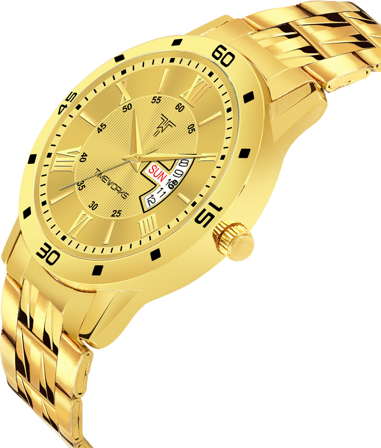 Image of TIMEWORKS 415YYM04 Gold Plated Watch with Day & Date Formal Analog for Men Roman Numerals Dial Analog Watch - For Men