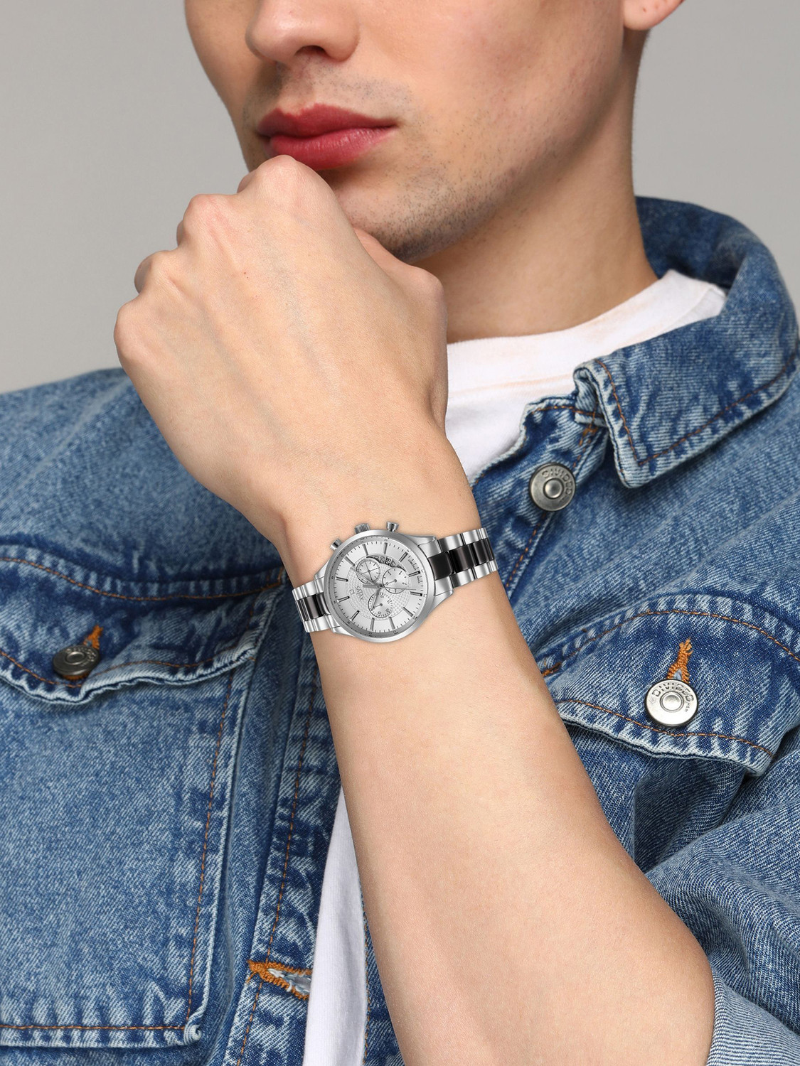 Image of XYLYS Xylys SwiSS Chronograph Silver Dial Silver & Black SS Strap Analog Watch - For Men