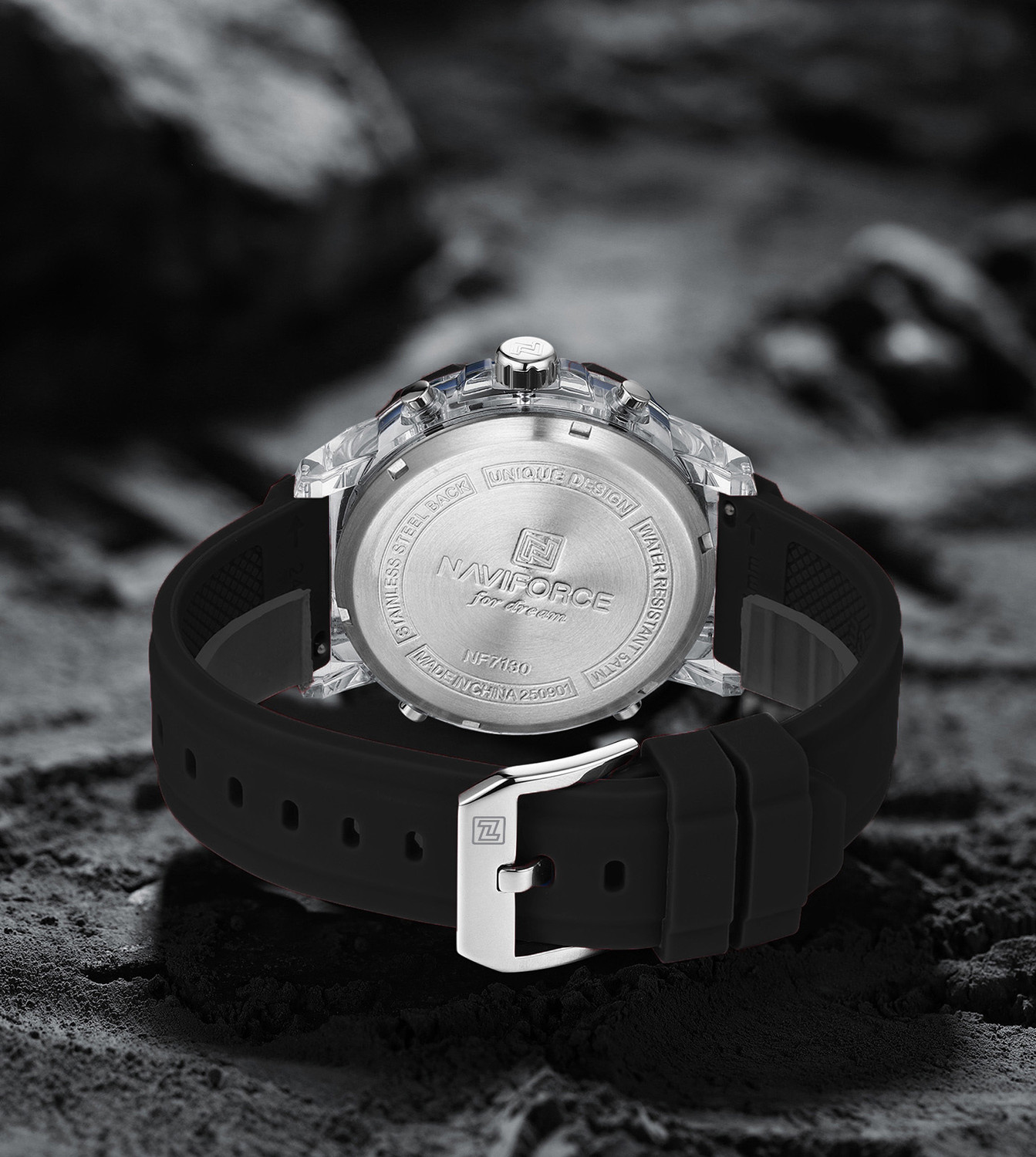 Image of NAVIFORCE NF7130 Black Silicon Strap With White Date Display Dial Analog-Digital Watch - For Men
