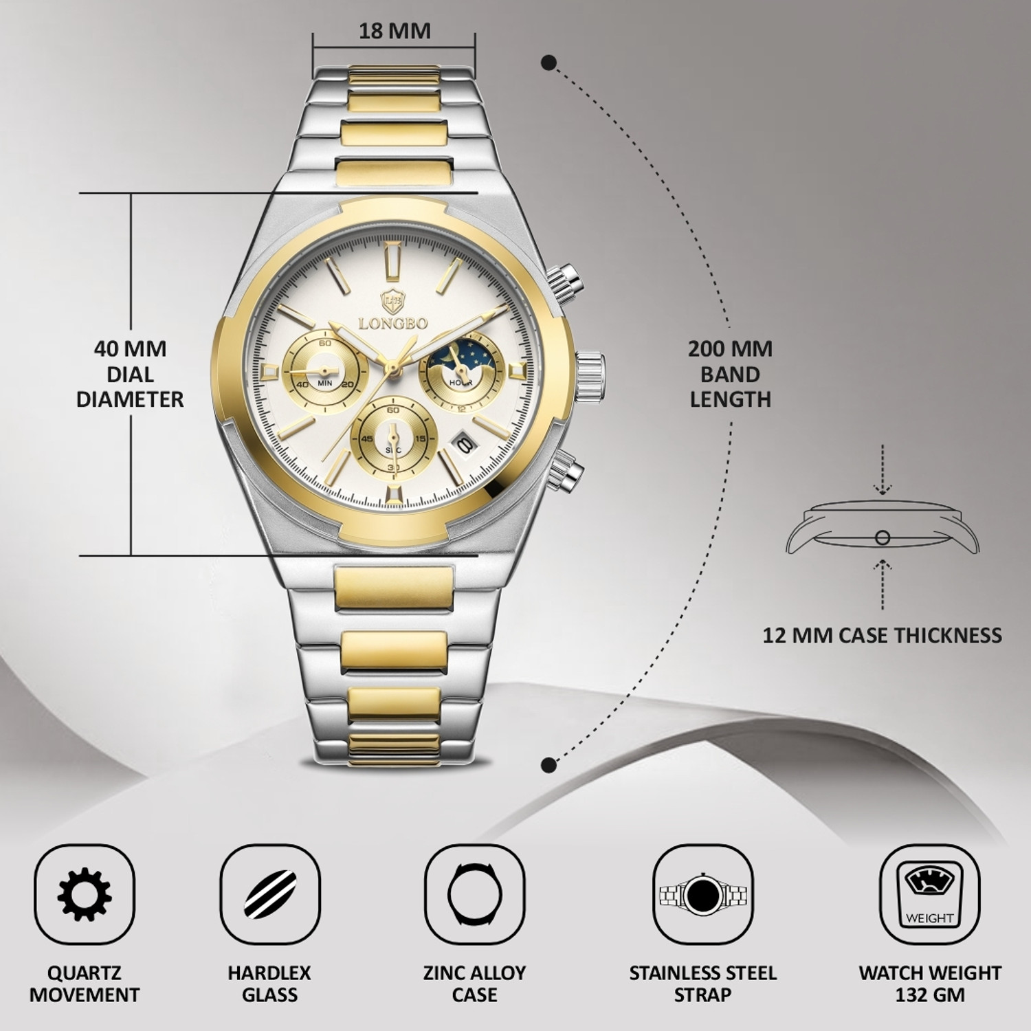 Image of Longbo Elevate 83833 Chronograph Watch with Dual Sub-Dial Layout Elevate 83833 Chronograph Watch with Dual Sub-Dial Layout Analog Watch - For Men