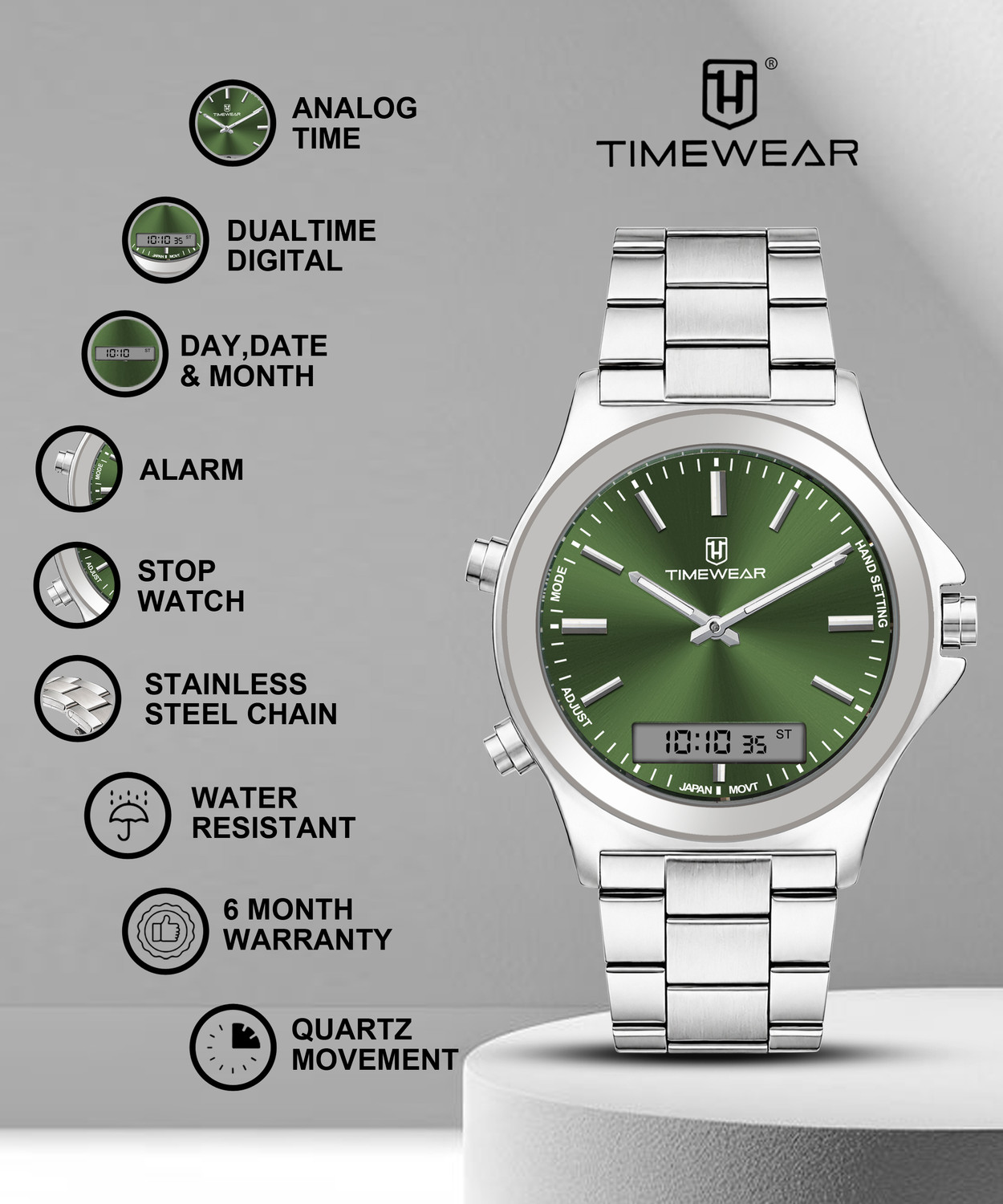 Image of TIMEWEAR 348GDTG TIMEWEAR Dualtime Green Dial Stainless Steel Chain Quartz Analog-Digital Watch - For Men