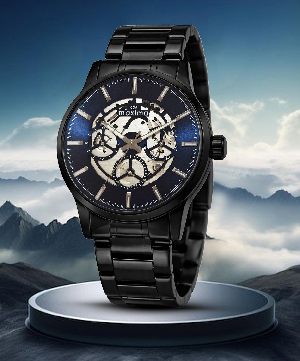 Image of MAXIMA Apex Collection Apex Men's Skeleton Analog Watch Blue Dial Black Metal Strap Analog Watch - For Men