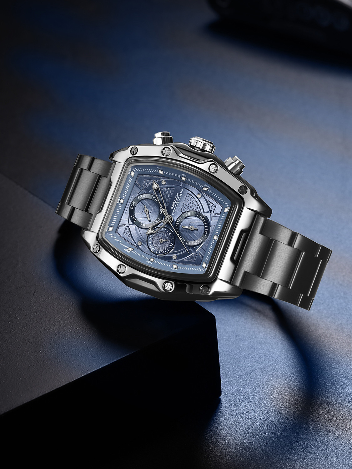 Image of French Connection POWERCHRON Blue Texture Tonneau Dial | Grey Stainless Steel Chronograph Watch for Men Analog Watch - For Men