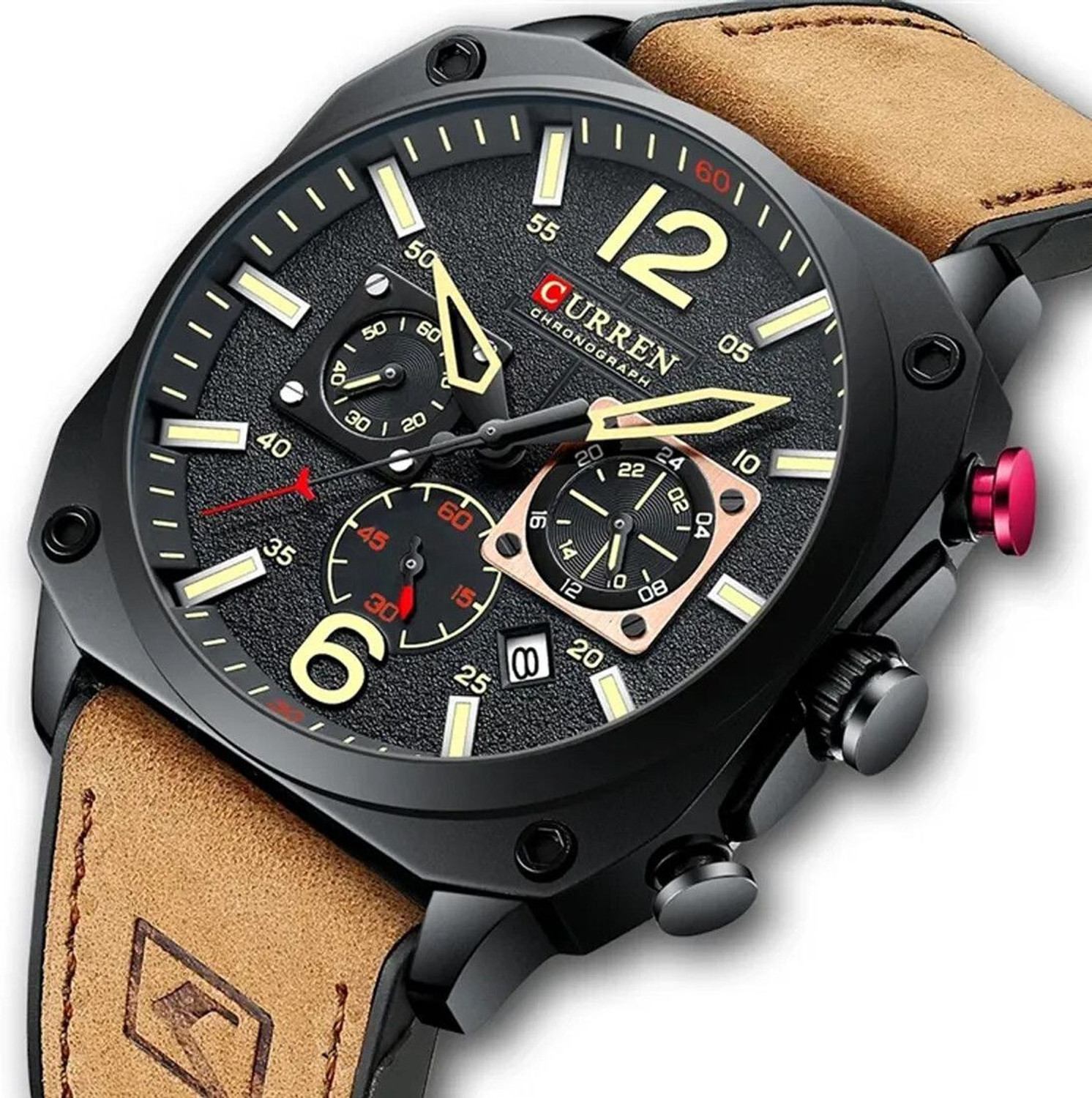 Image of Curren Curren 8398 Brown Black Dial Brown Leather Strap Cronograph Analog Watch - For Men