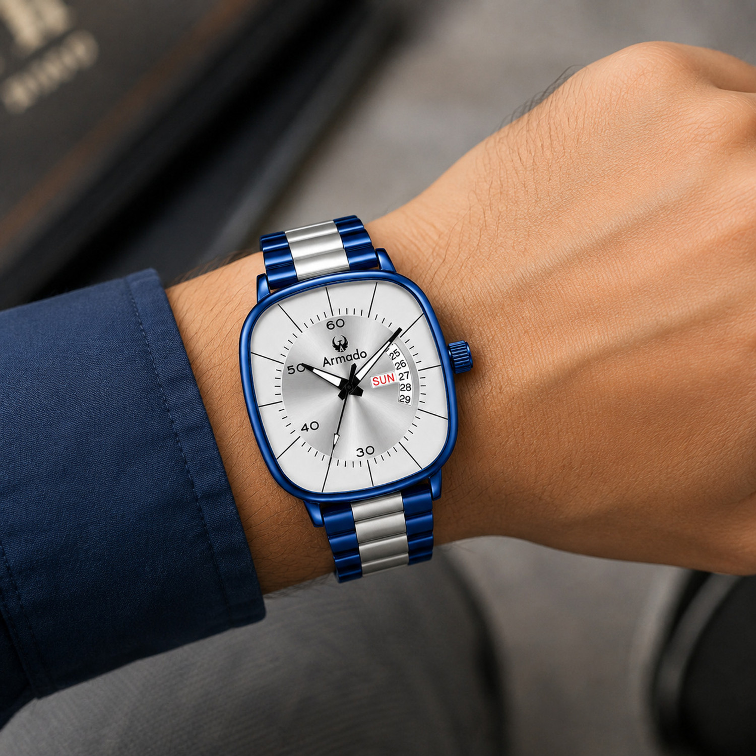 Image of ARMADO AR-MH-2608-Flax Silver Armado Cobalt Elite Premium Day-Date Analog Watch for Boys Analog Watch - For Men