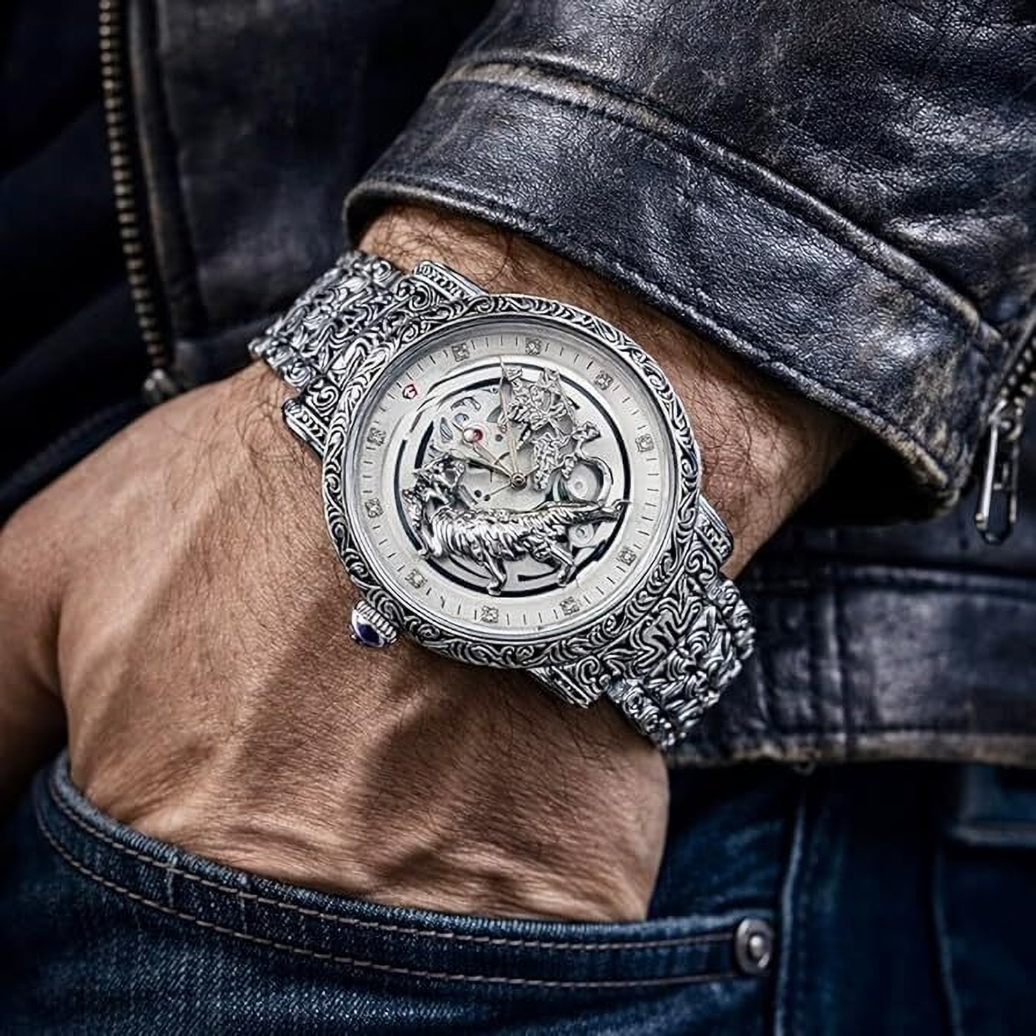 Image of paltinum Men watch Tiger Dial Silver Quartz Analog Wristwatch, Engraved Stainless Steel Bracelet Analog Watch - For Men