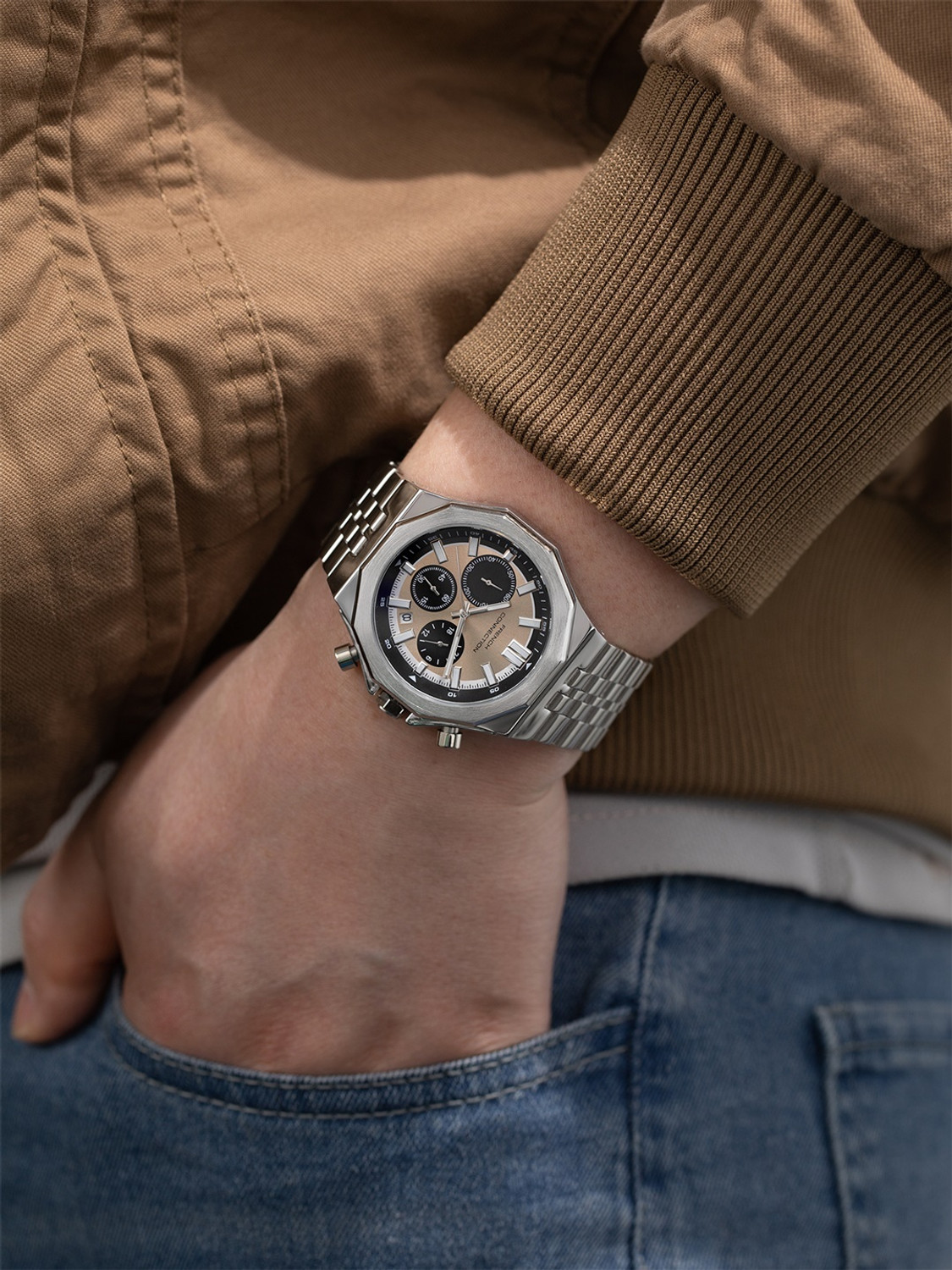 Image of French Connection CROWNEX Beige Sunray Round Dial | Silver Stainless steel Chronograph Watch for Men Analog Watch - For Men