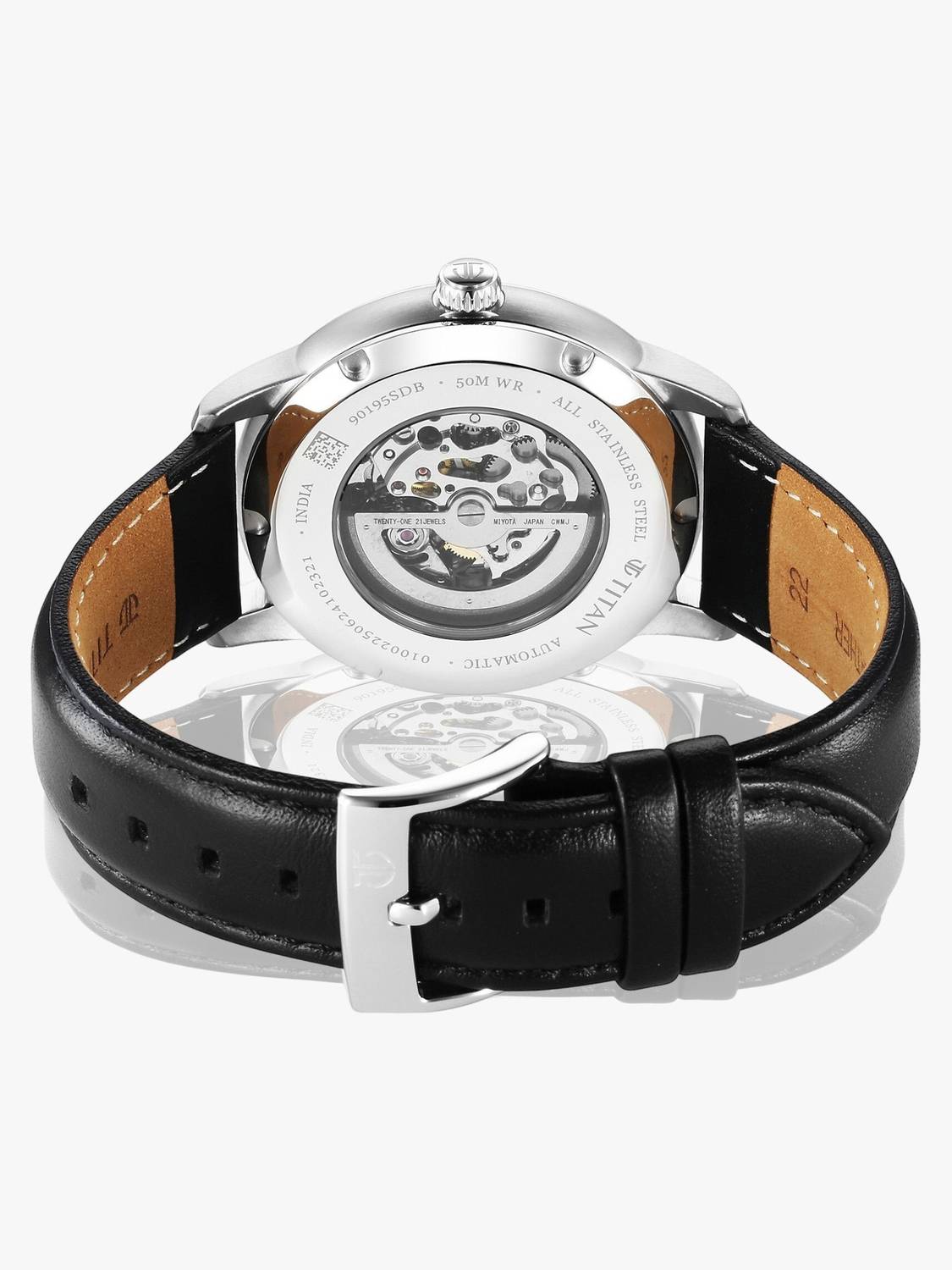 Titan Mechanical Automatic Grey Dial Black Leather Strap Watch - Image 5
