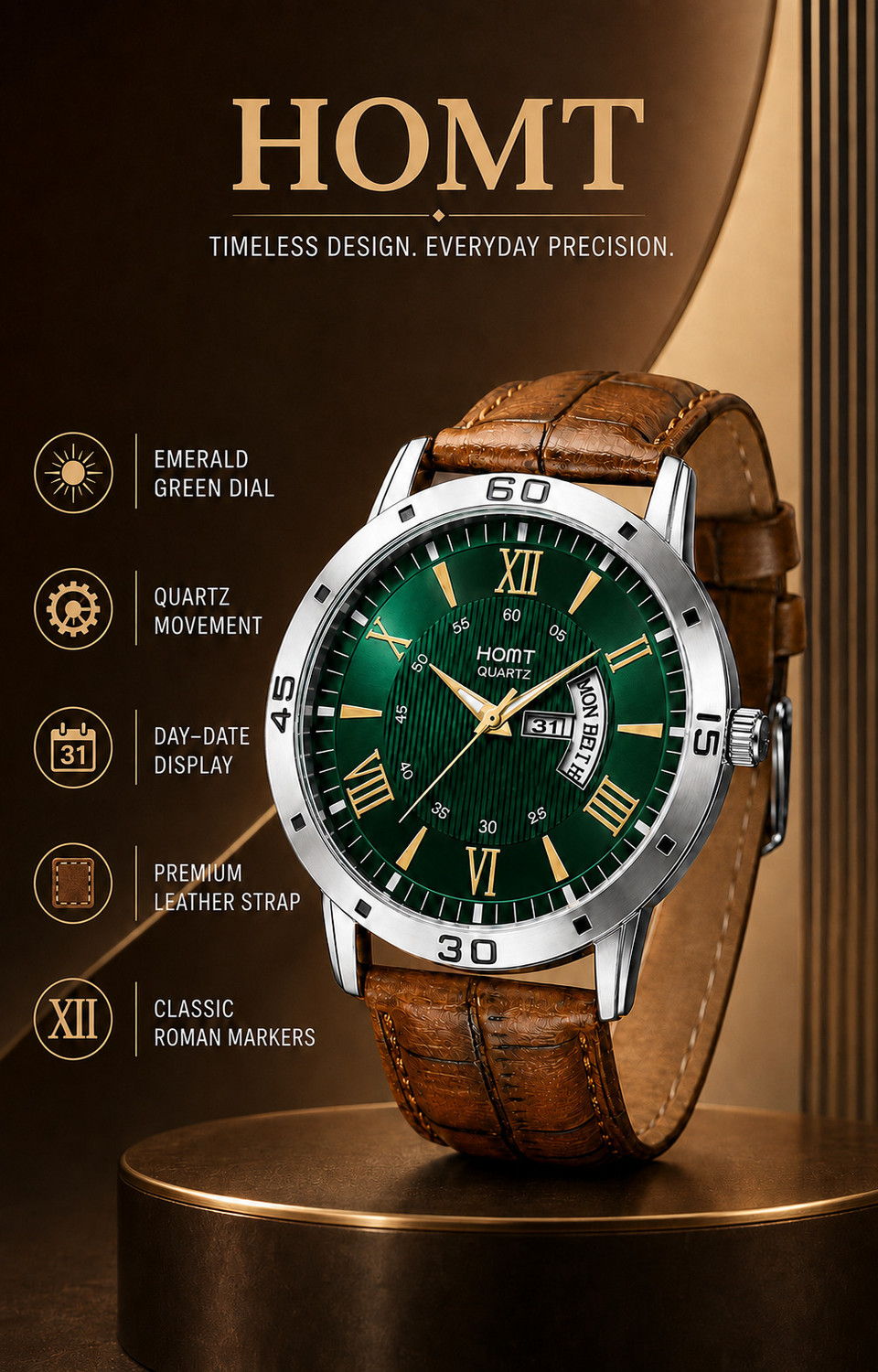 Image of homt Luxury Fashion Working day-date leather belt smart analog watch for men Fashion Luxury Round Green dial leather belt Smart Analog Watch - For Men