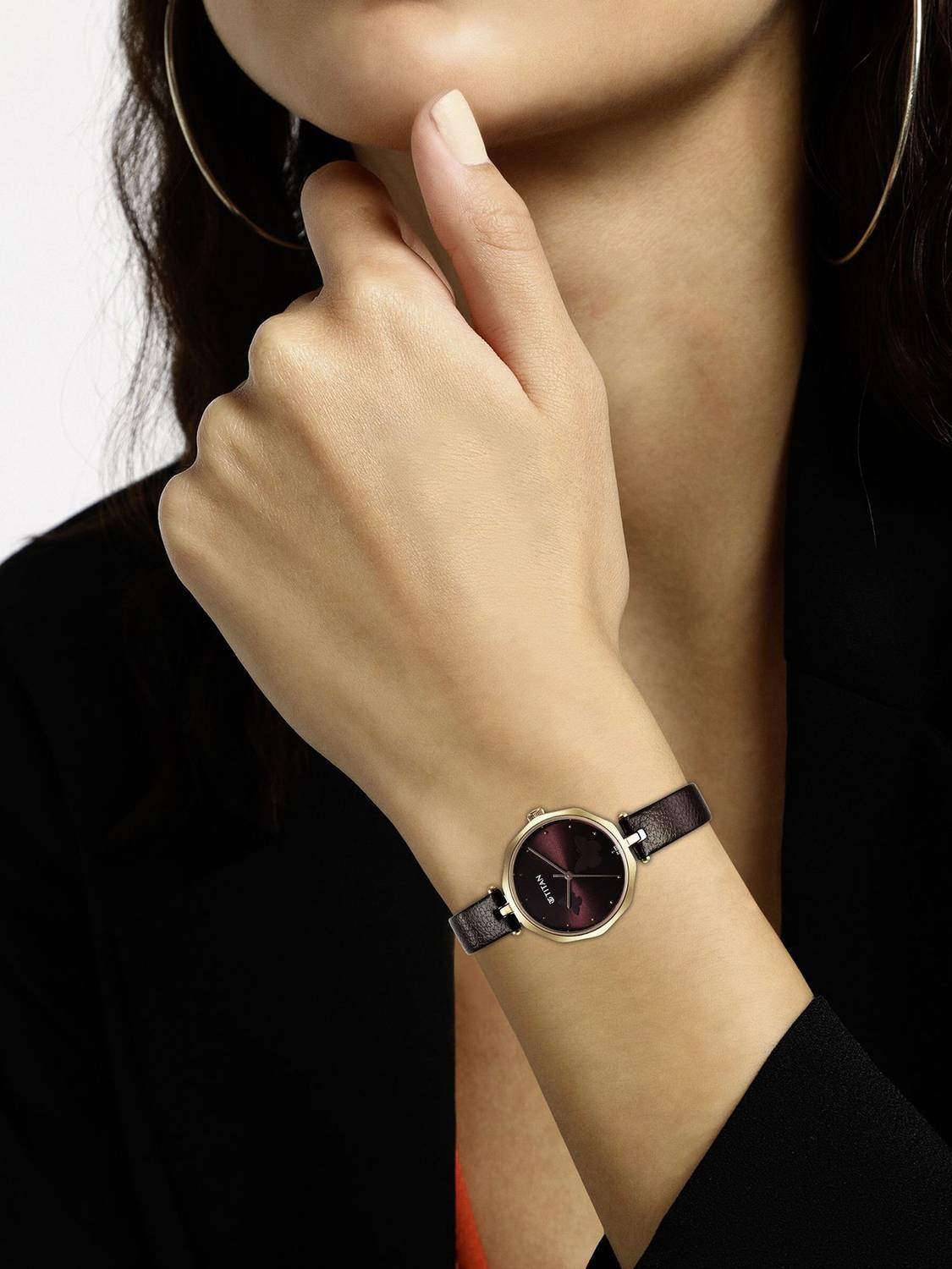 Titan Ladies Karishma Maroon Dial Brown Leather Watch - Image 2