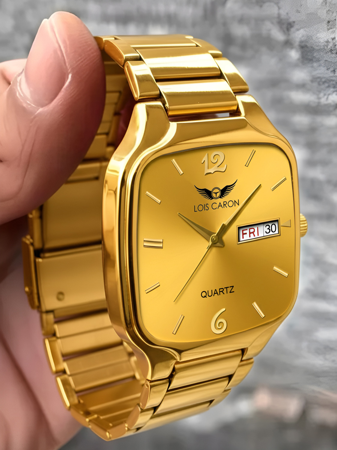 Image of LOIS CARON LCS-8636 Day & Date Classic Elegant Gold Square Dial Quartz Stylish Formal Timepiece Analog Watch - For Men