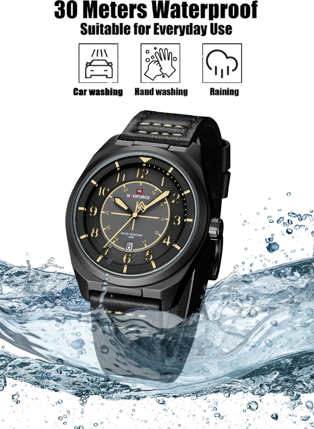 Image of NAVIFORCE Black-Yellow Case With Black Leather strap Analog Watch - For Men
