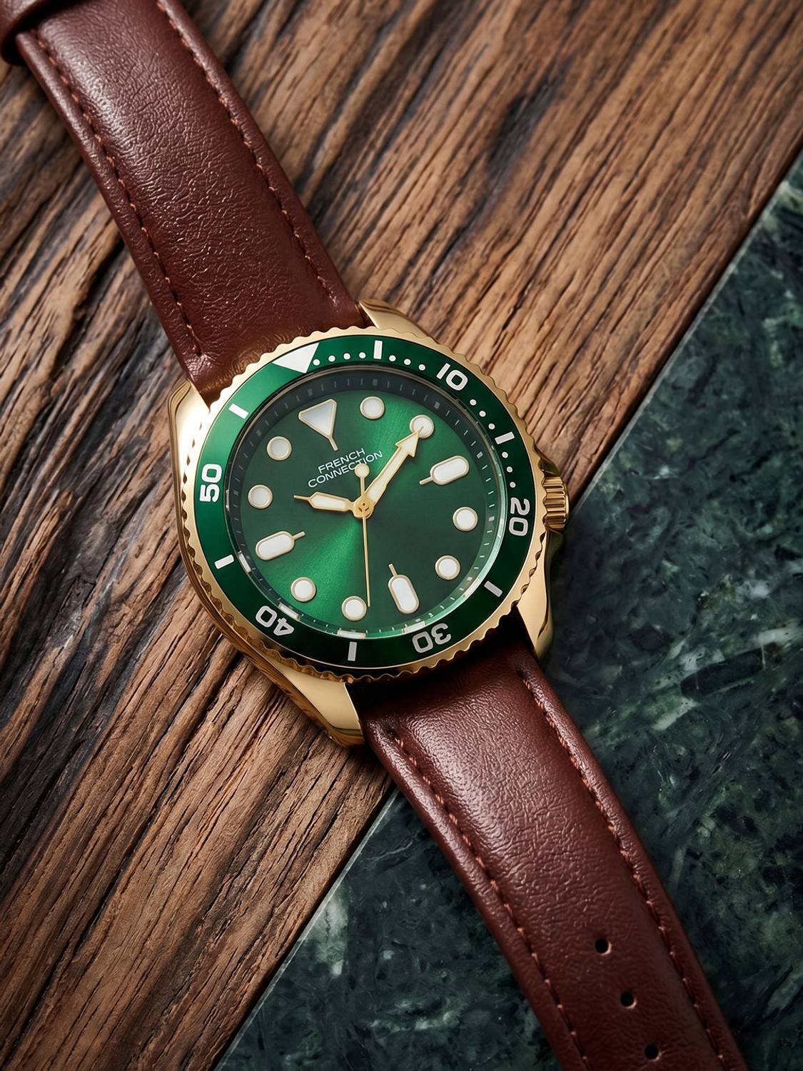 French Connection Men's Round Green Dial Analog Watch