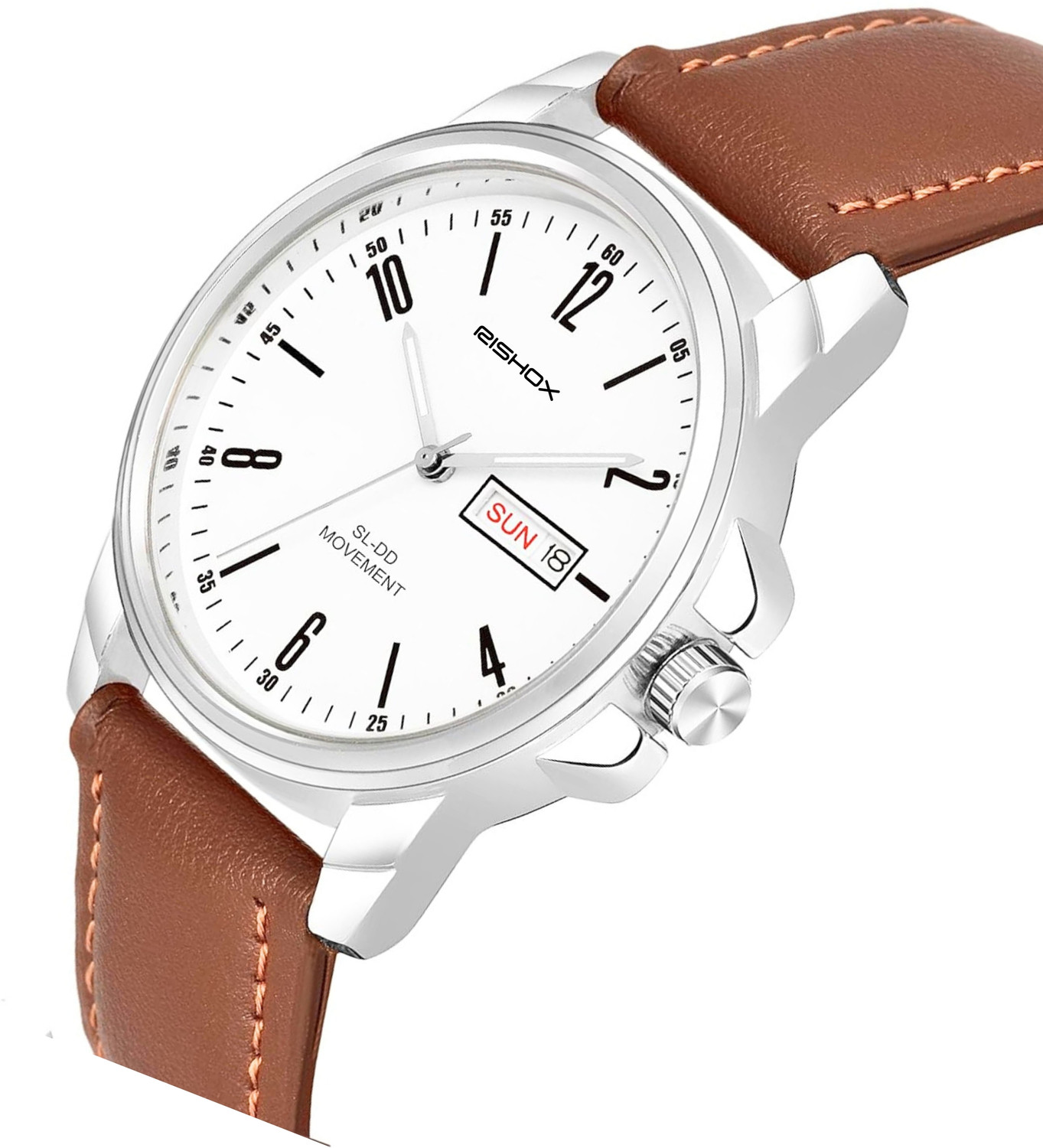 Image of Rishox New Track Number Dial, Day & Date, Brown Leather Strap Analog Watch Analog Watch - For Men RX-100RXG