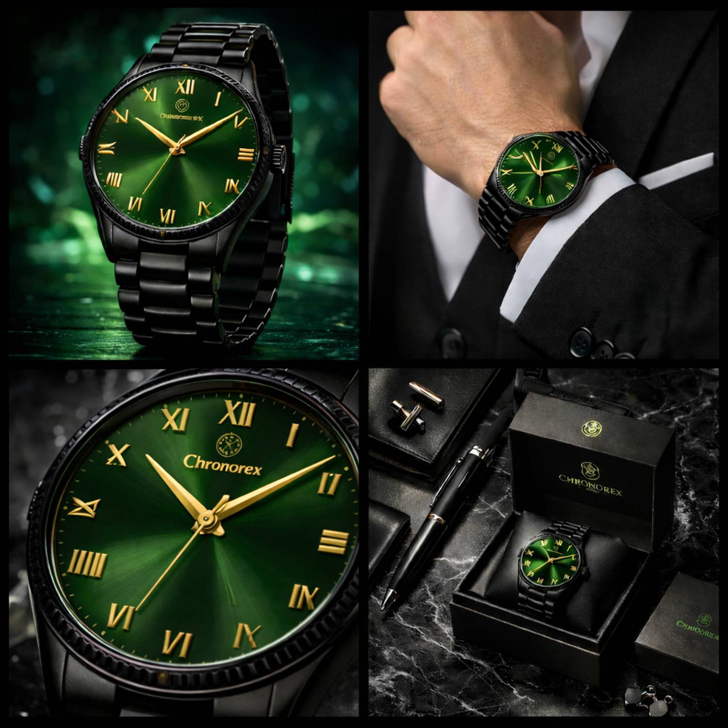 Chronorex Green Dial Roman Black Chain Watch for Men - Image 3