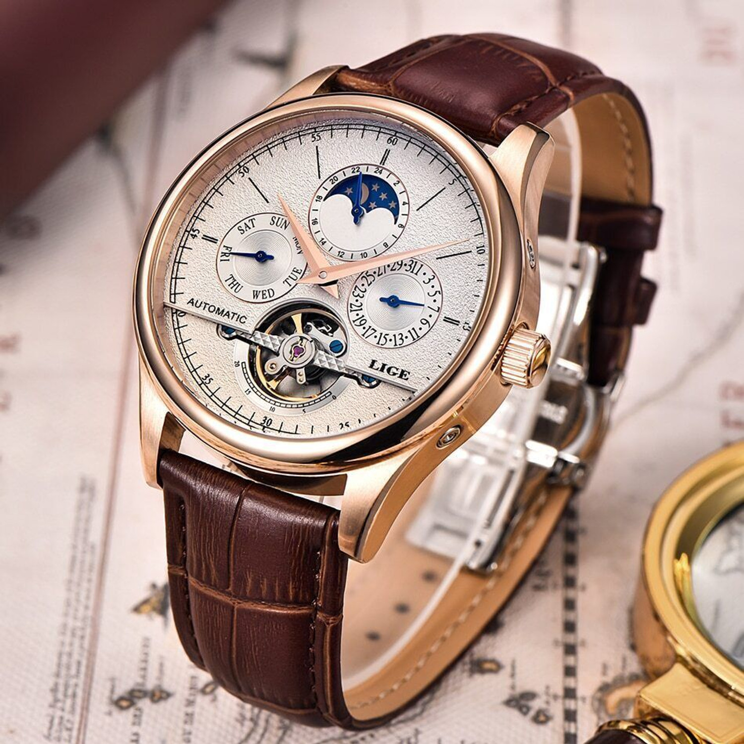 Image of Lige Mens Watch Automatic Mechanical Skeleton Luxury Leather strap wrist Watch Analog Watch - For Men