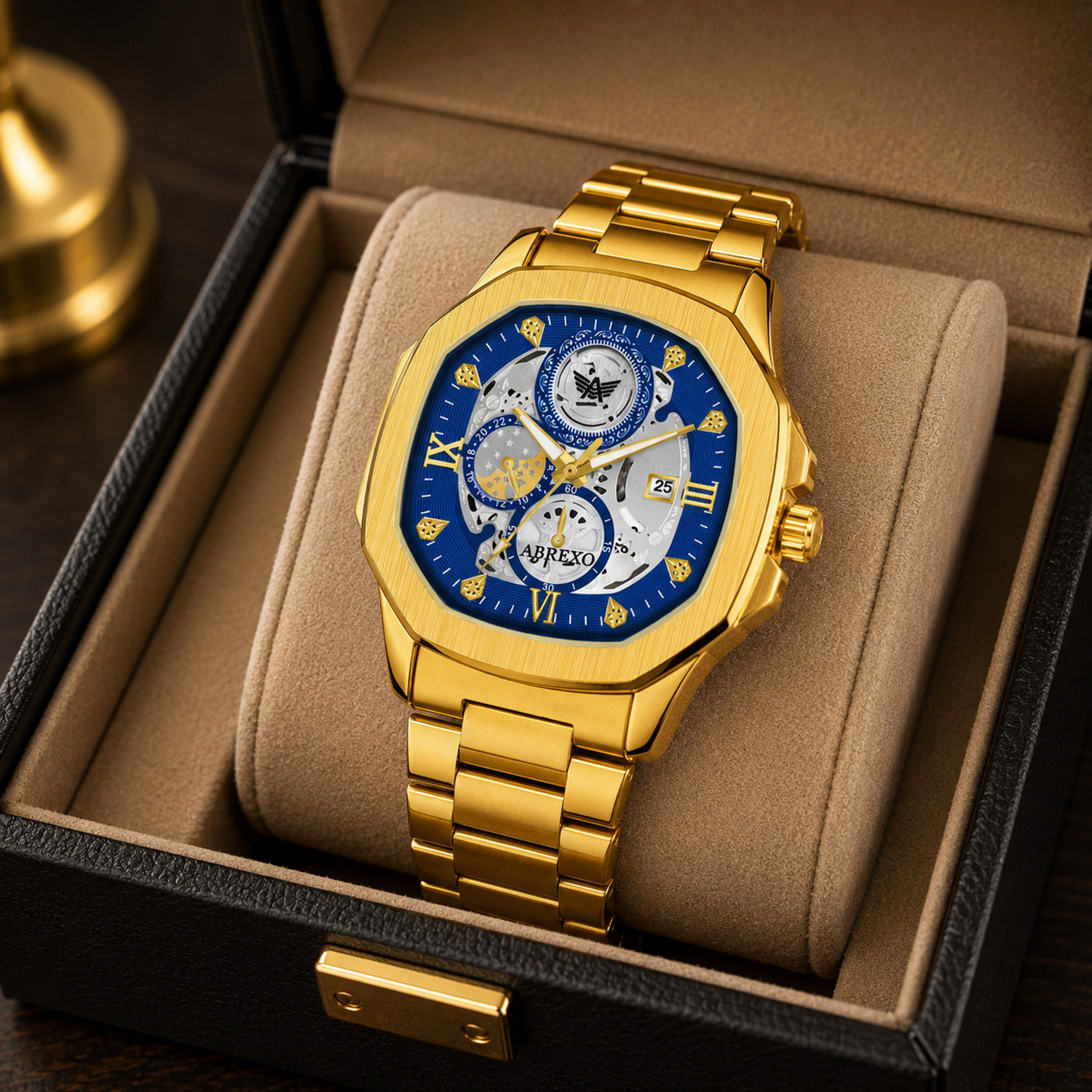 Image of ABREXO Abx8312 Blue Dial Golden Bracelets GODFATHER Square Chrono Look Blue Dial Date Working Stainless Strap For Boys Analog Watch - For Men