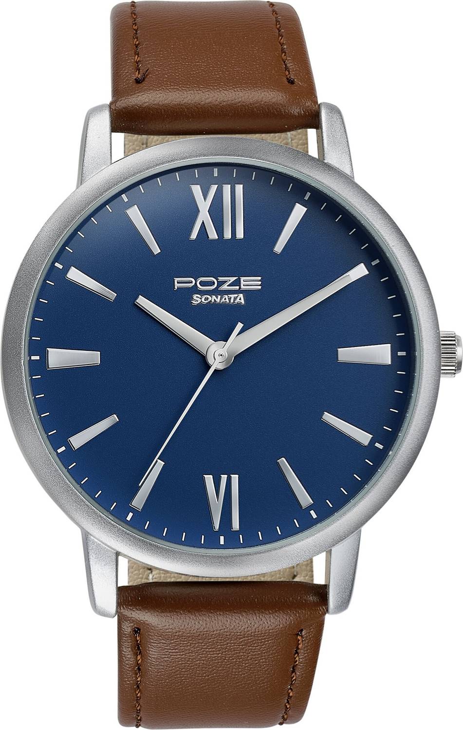 Sonata Poze Blue Dial Brown Leather Men's Watch - Image 2