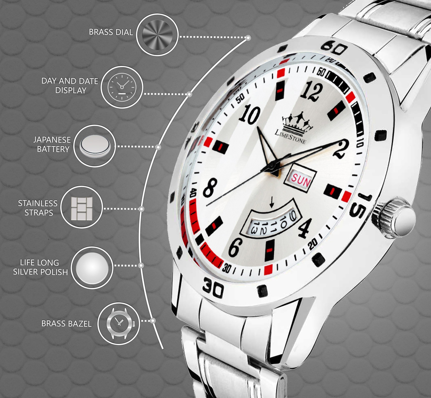 Image of LIMESTONE Day and Date Functioning Stainless Steel Quartz Analog Watch - For Men