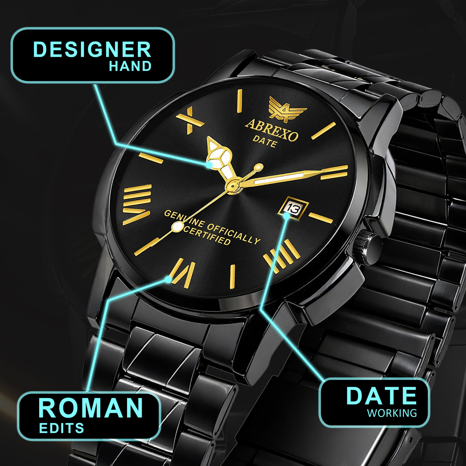 Image of ABREXO Premium Series All Black Dial Long Life Plated Date Working Quartz Boys Analog Watch - For Men