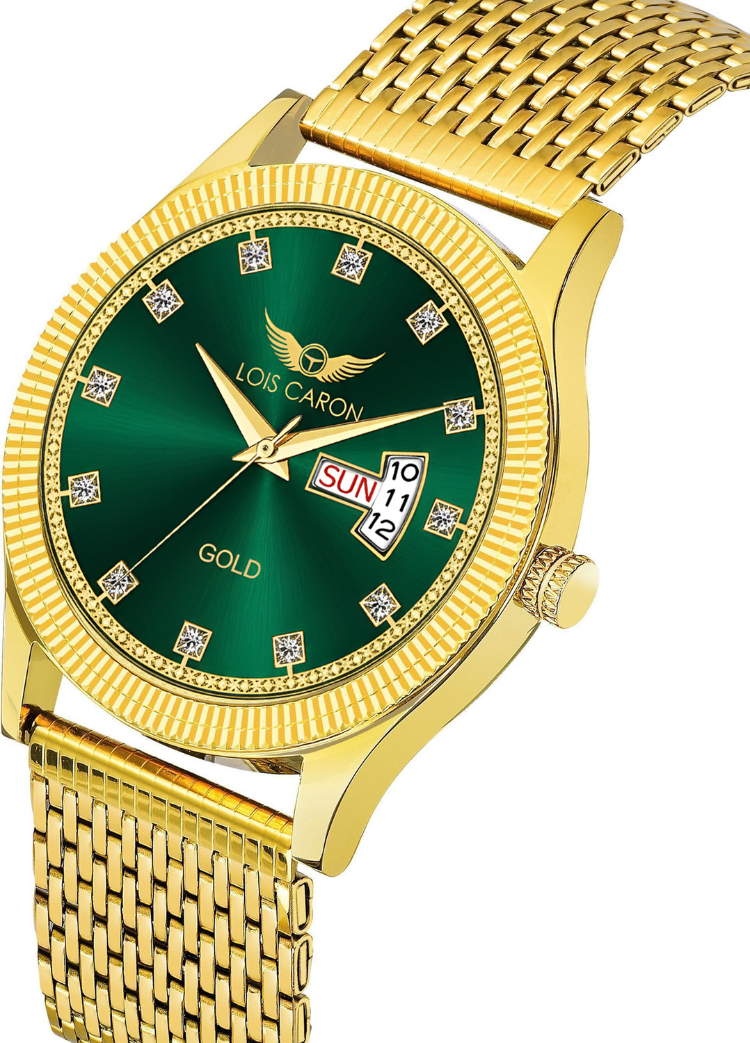 Image of LOIS CARON LCS-8650 Day & Date Original Gold-Plated Green Dial Stylish Diamond hour markers Analog Watch - For Men