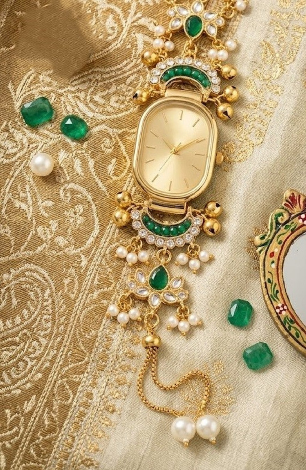 Image of watchstar Emerald & Gold Ethnic Bracelet Watch with Pearl Accents Elegant Traditional Gold Watch with Emerald & Pearl Charms Analog Watch - For Women