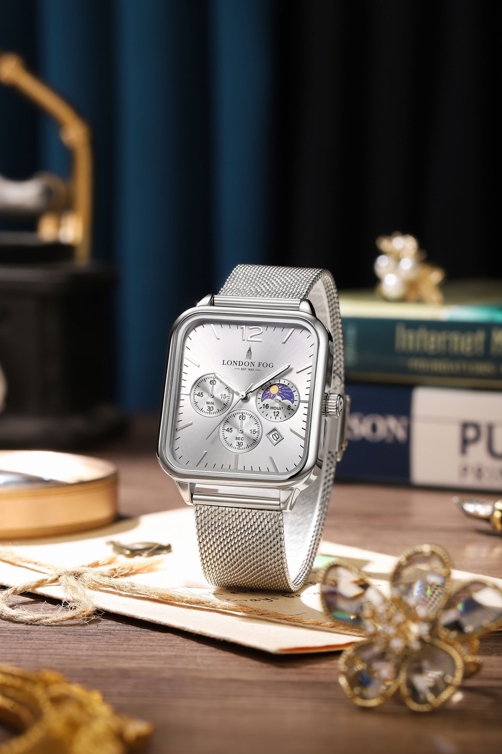 Image of London Fog Silver Dial Silver Stainless Steel Mesh Strap Moon Phase Display Decorative Sub Hampstead Collection Silver Dial Silver Mesh Strap Moon Phase Decorative Sub Analog Watch - For Men