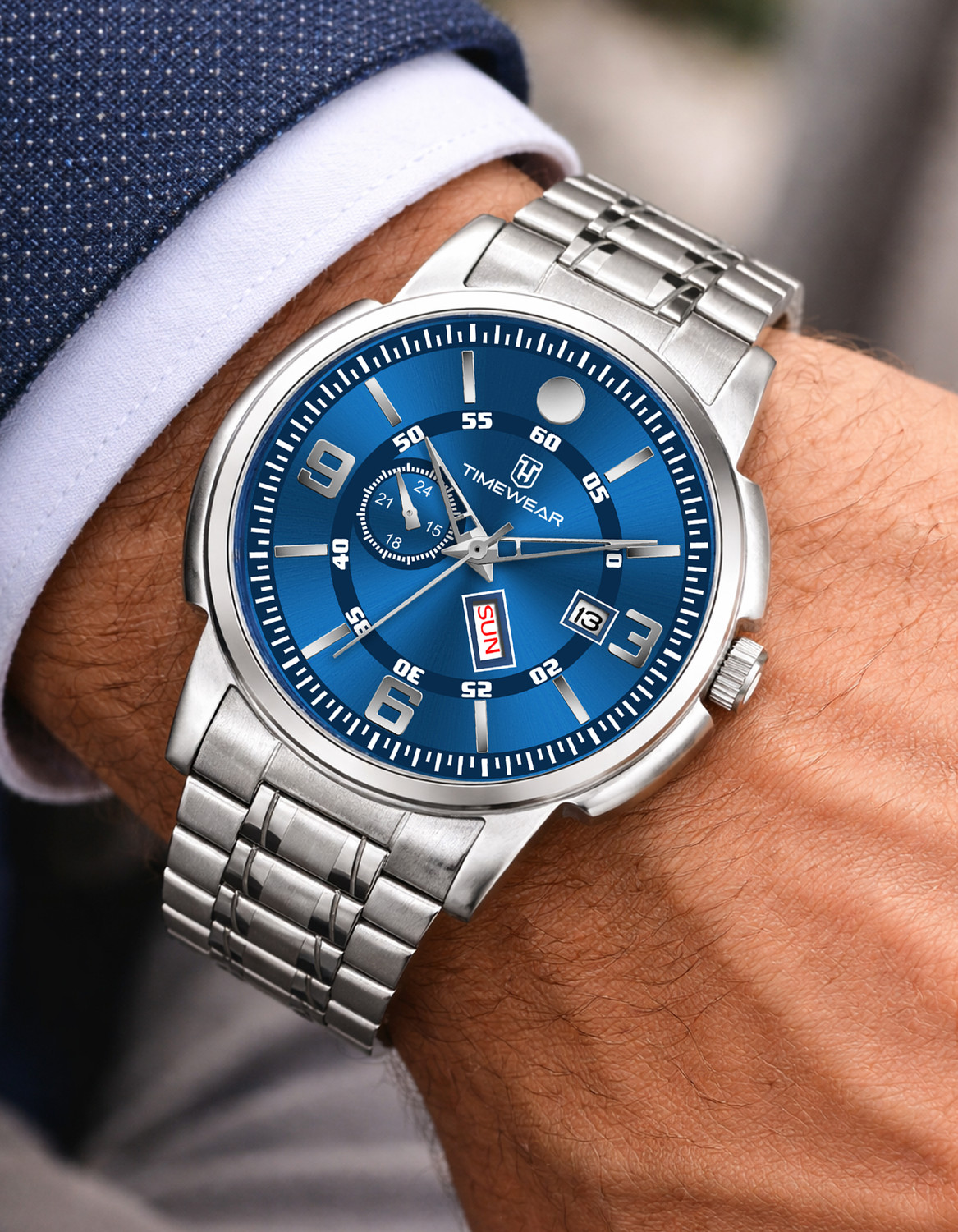 Image of TIMEWEAR 340BDTG Blue Dial Day Date Functioning Stainless Steel Chain Analog Watch - For Men