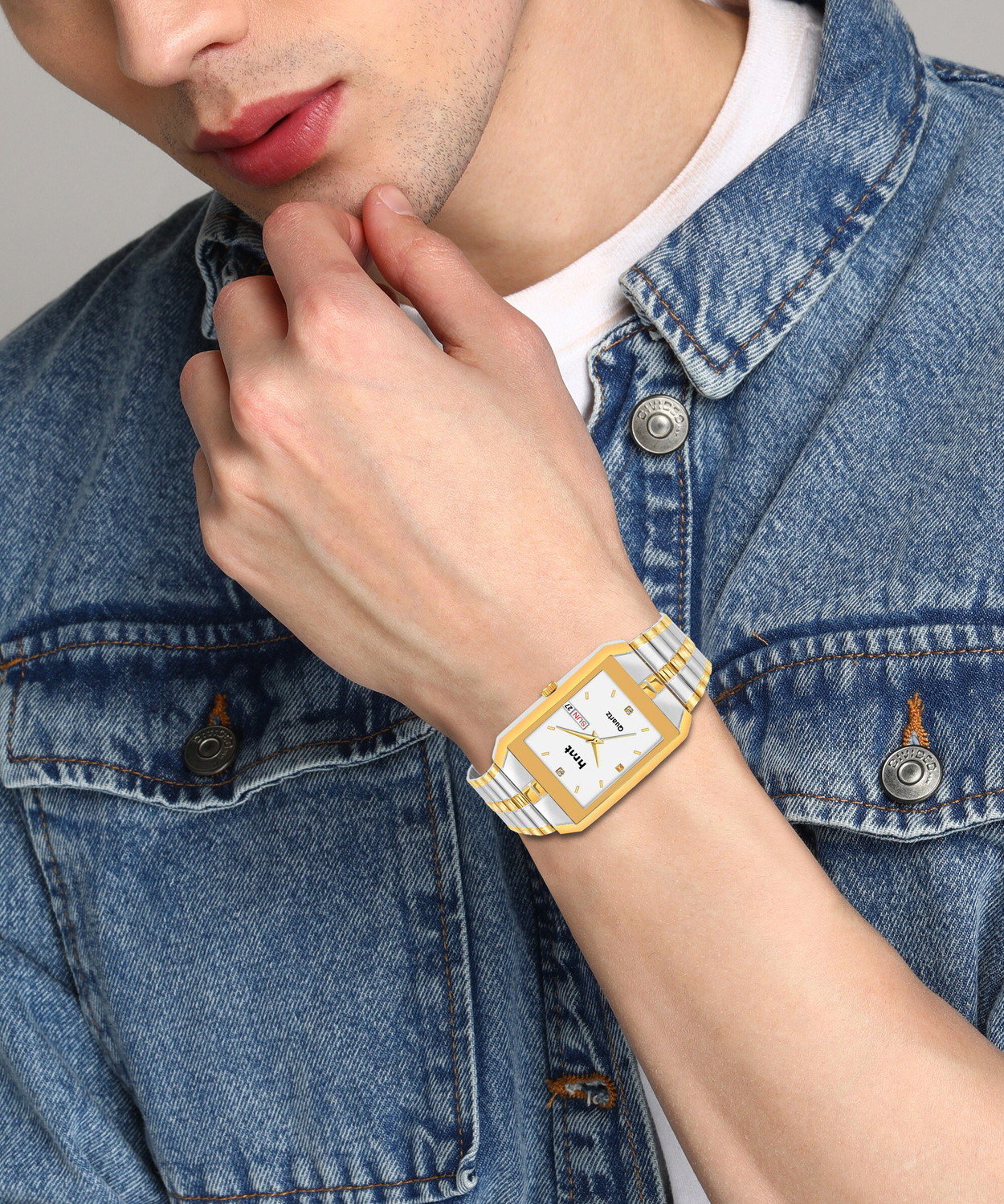 Image of hmt QUARTZ Shine White HMTS Day & Date Series Two Tone Plating Golden Metal Wrist Watch Analog Watch - For Men