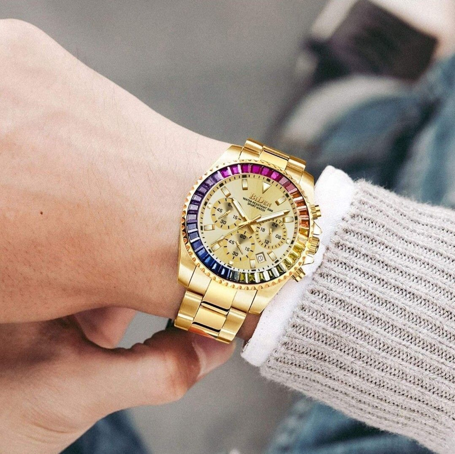 Image of BIDEN Mens Watch Chronograph Luxury Golden wrist Watch Rainbow Case Analog Watch - For Men